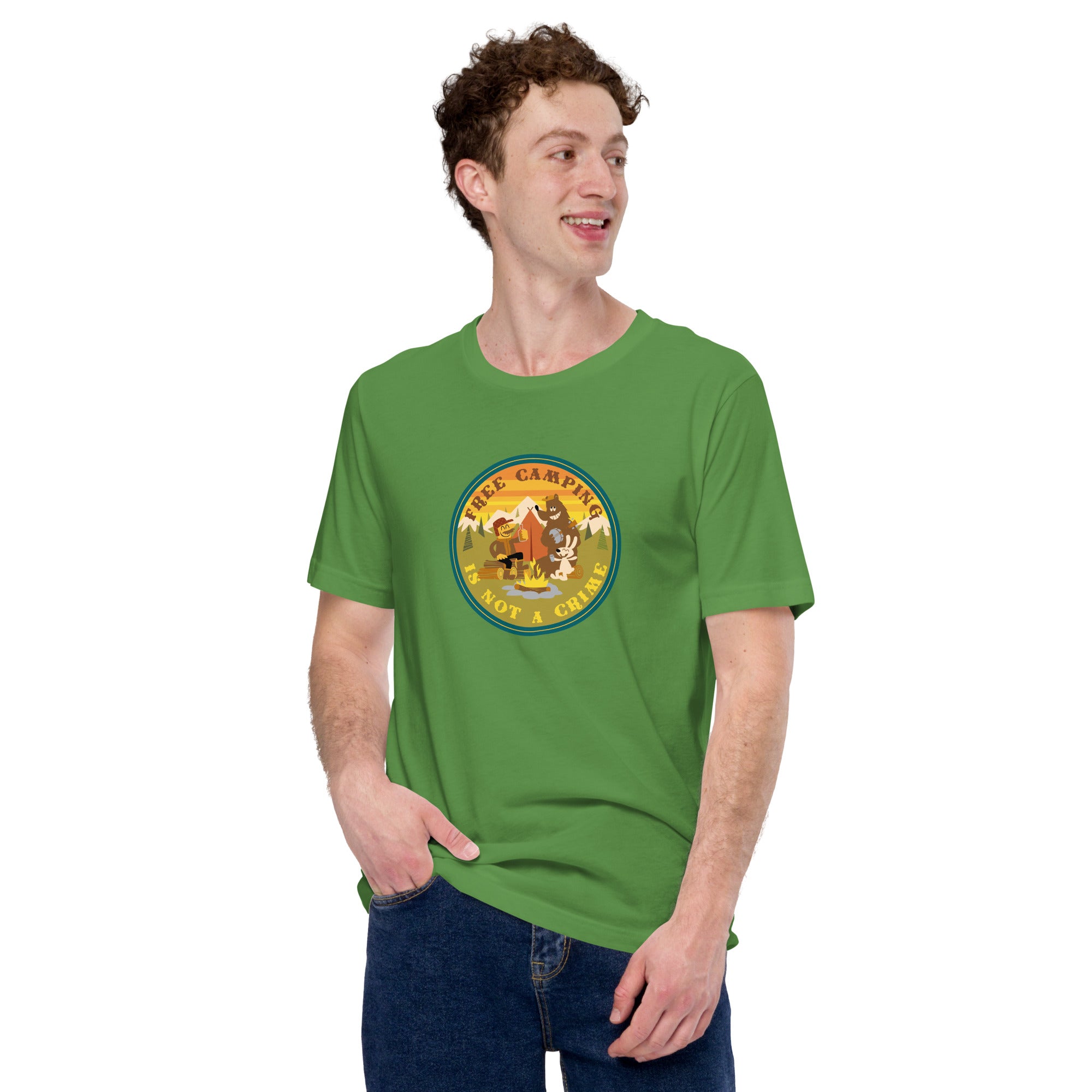 Unisex cotton t-shirt Free Camping is not a Crime on greens