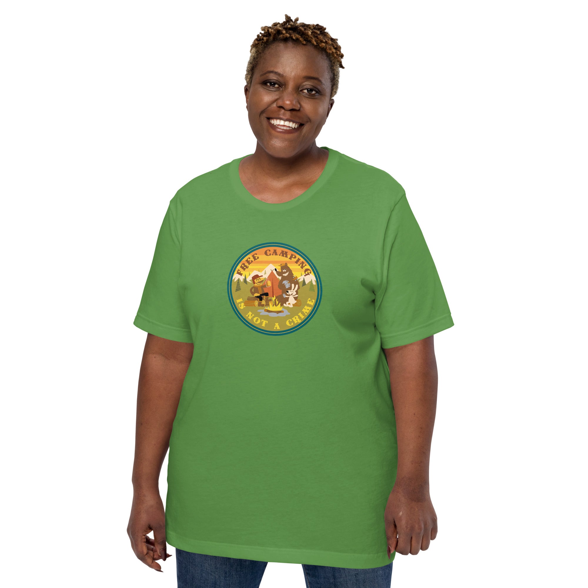 Unisex cotton t-shirt Free Camping is not a Crime on greens