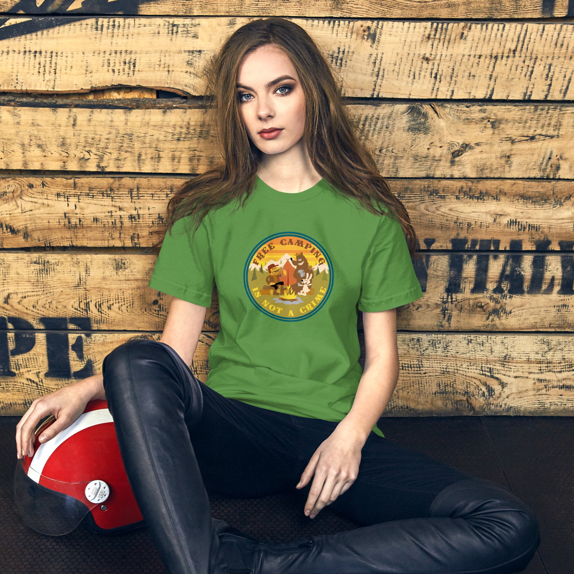 Unisex cotton t-shirt Free Camping is not a Crime on greens