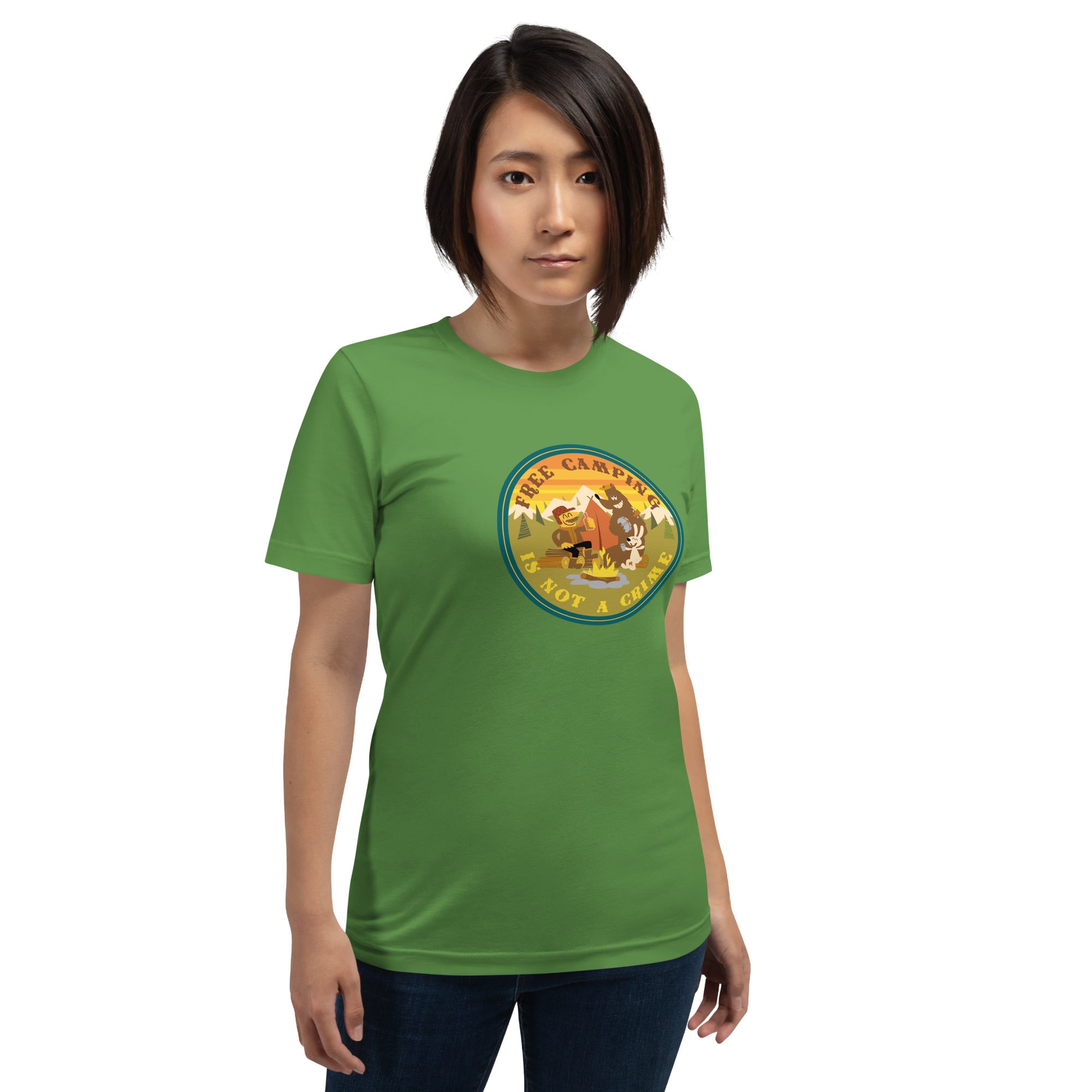 Unisex cotton t-shirt Free Camping is not a Crime on greens