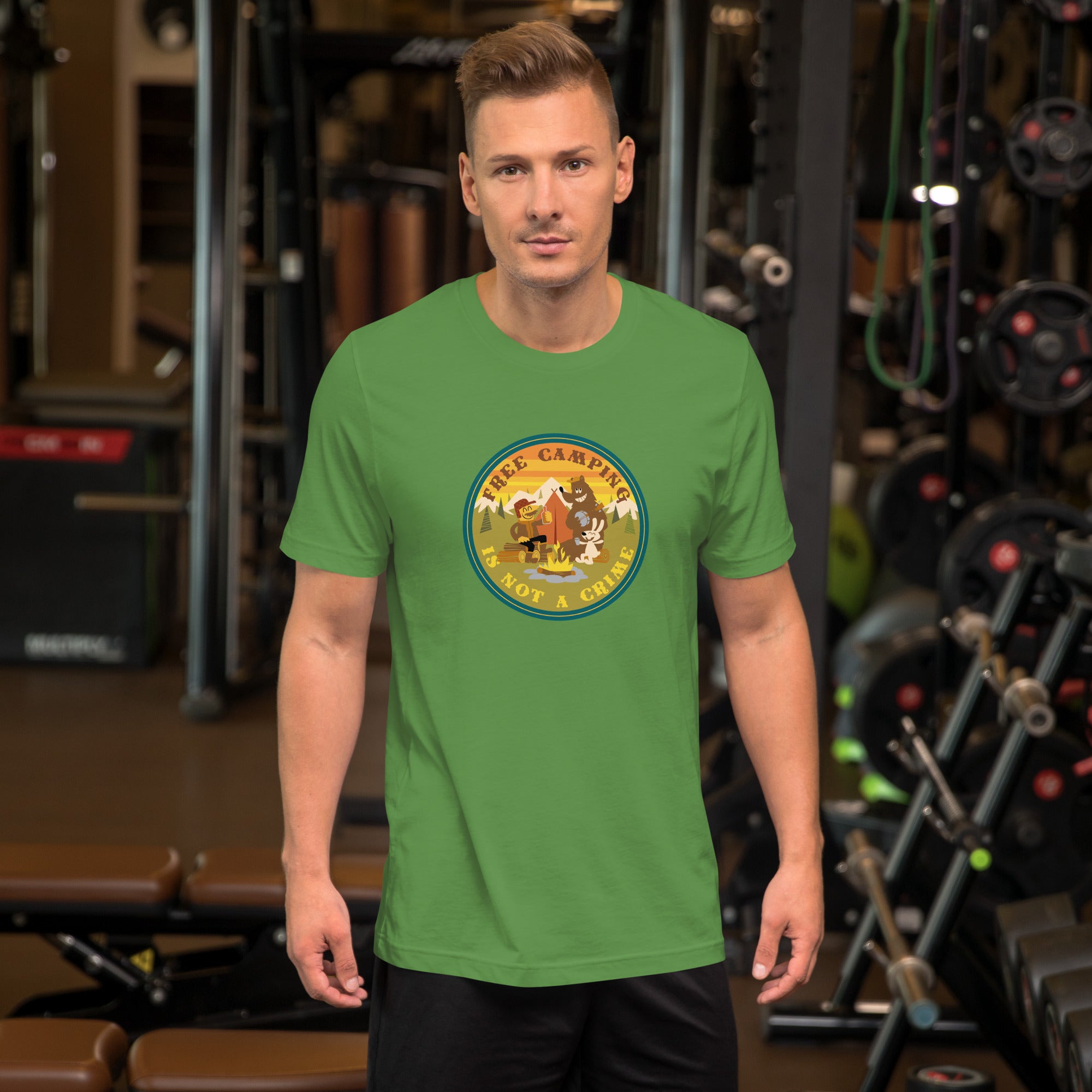 Unisex cotton t-shirt Free Camping is not a Crime on greens