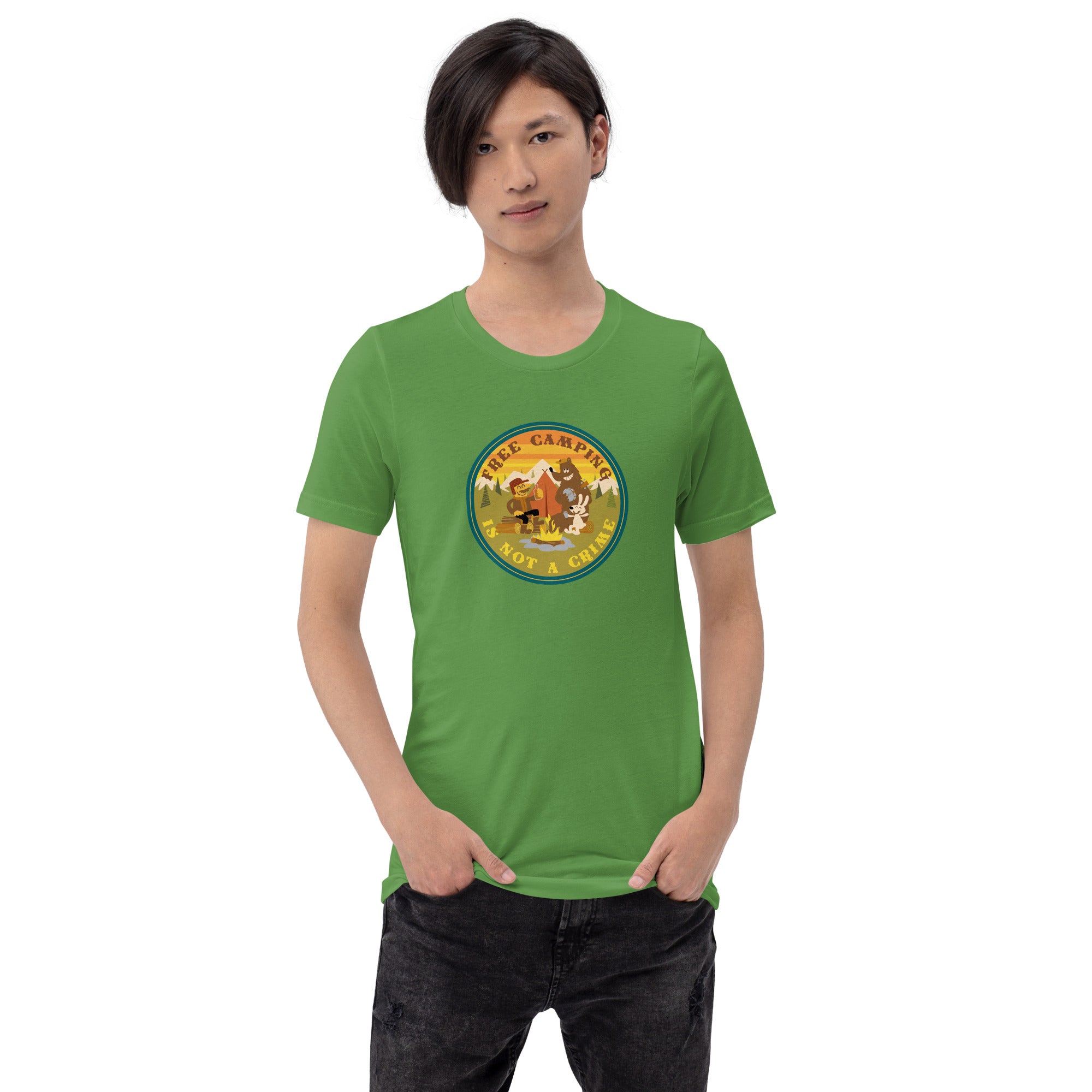 Unisex cotton t-shirt Free Camping is not a Crime on greens