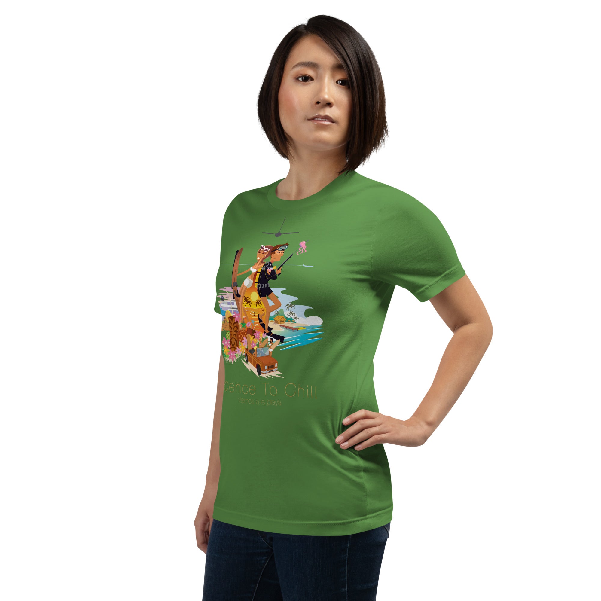 Unisex cotton t-shirt License to Chill Vamos a la Playa on Green
