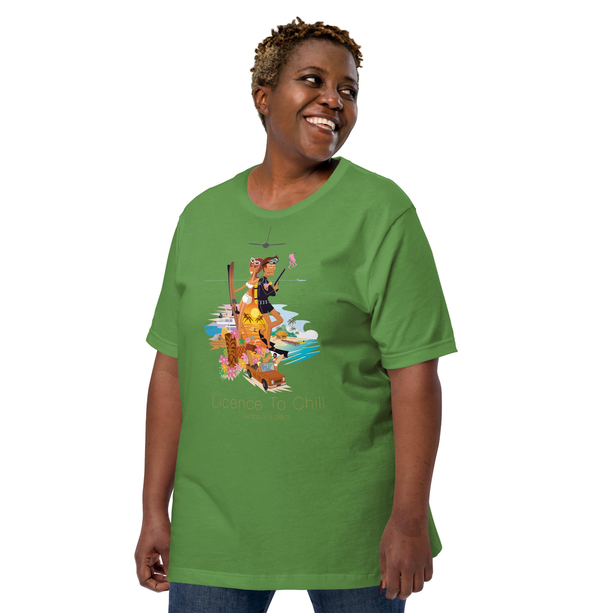 Unisex cotton t-shirt License to Chill Vamos a la Playa on Green