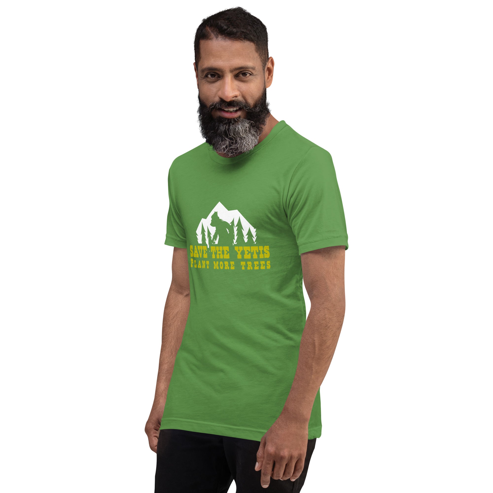 Unisex cotton t-shirt Save the Yetis Plant more Trees on Green (front & back)