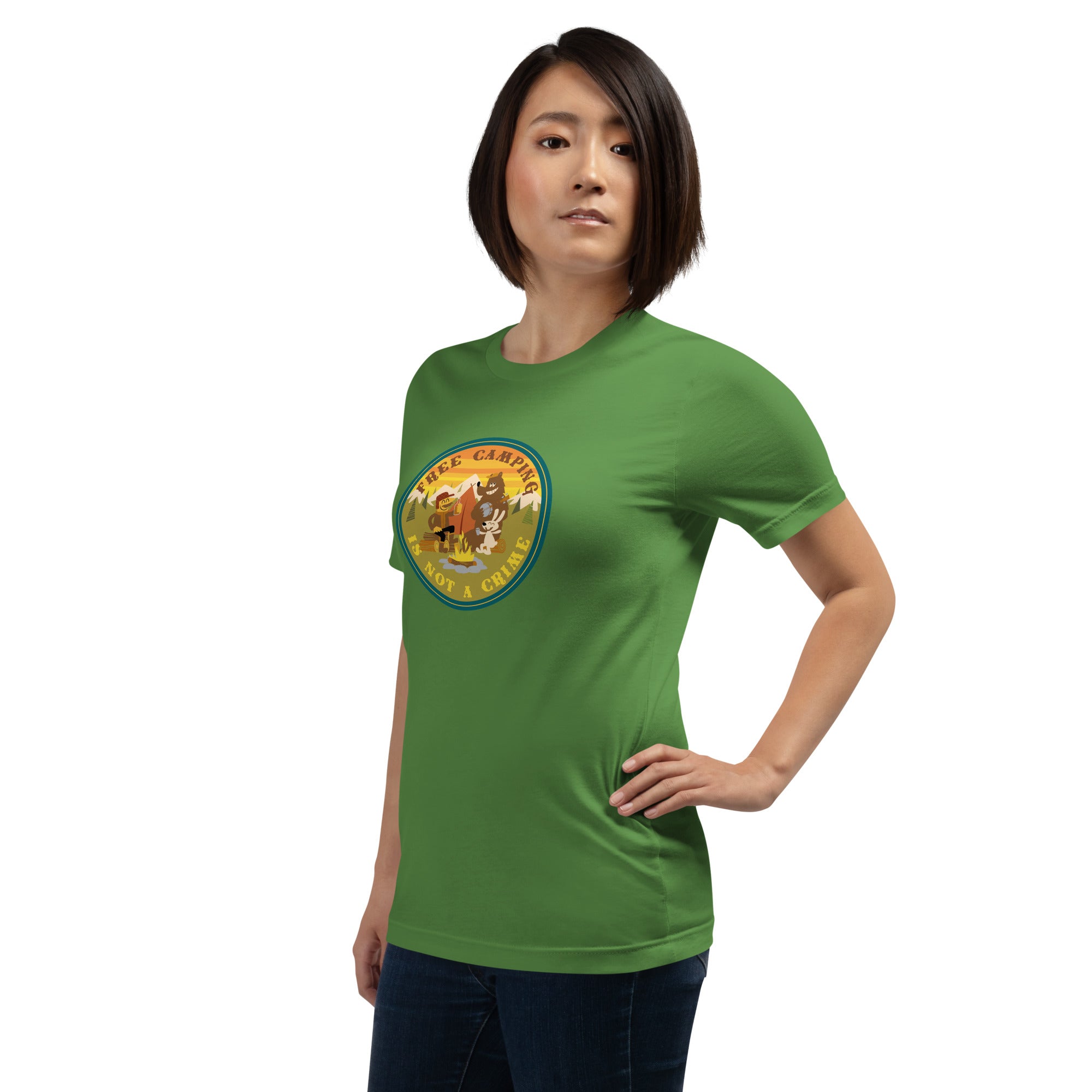 Unisex cotton t-shirt Free Camping is not a Crime on greens