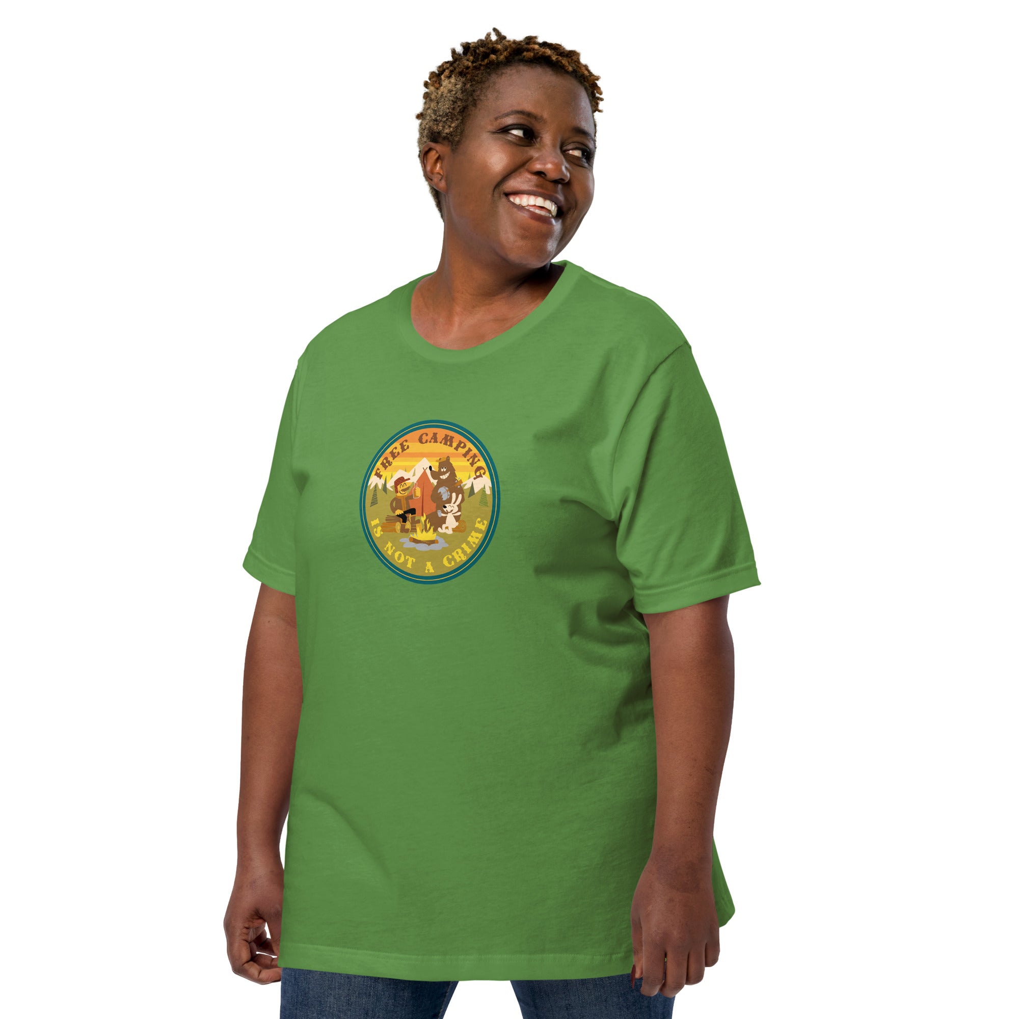 Unisex cotton t-shirt Free Camping is not a Crime on greens