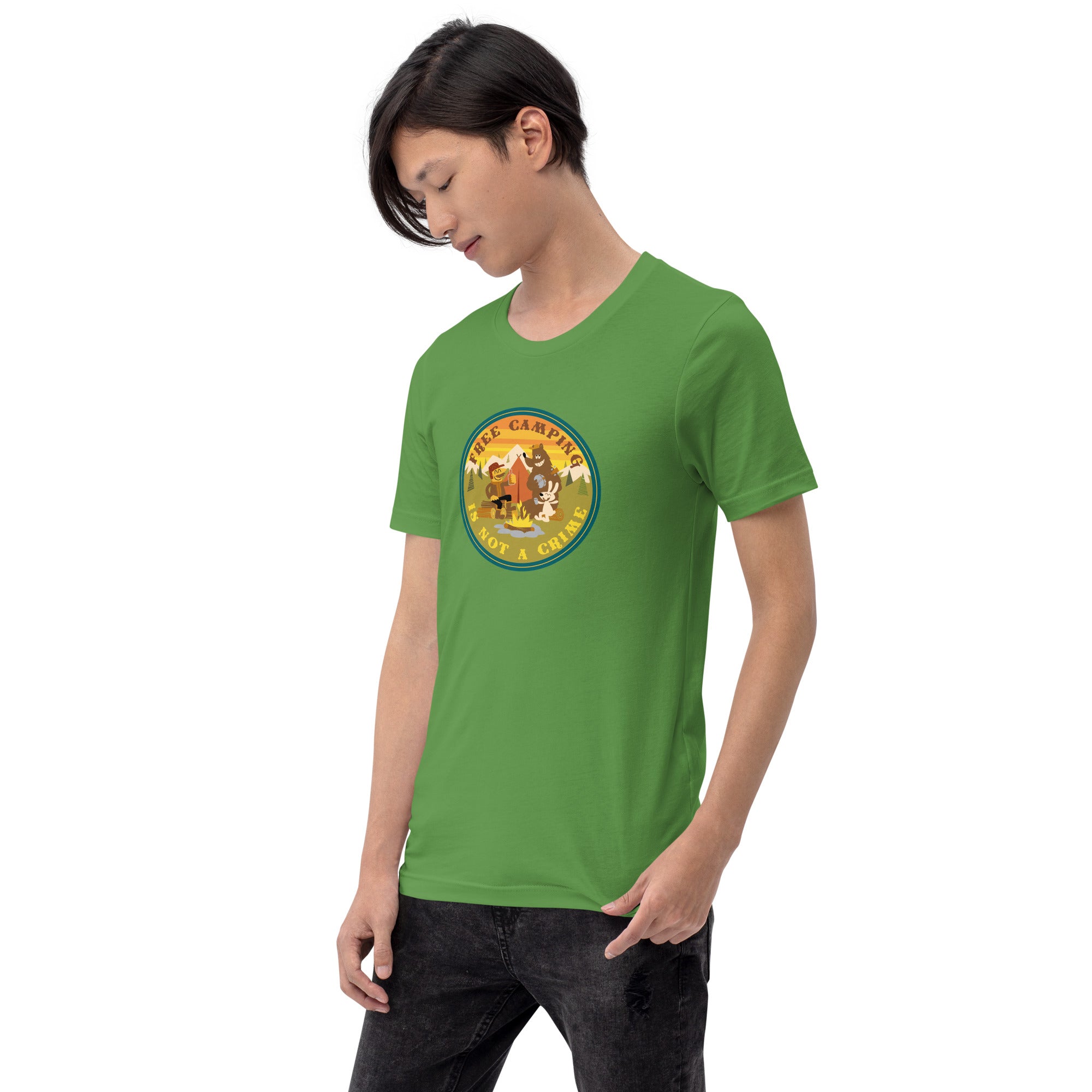 Unisex cotton t-shirt Free Camping is not a Crime on greens
