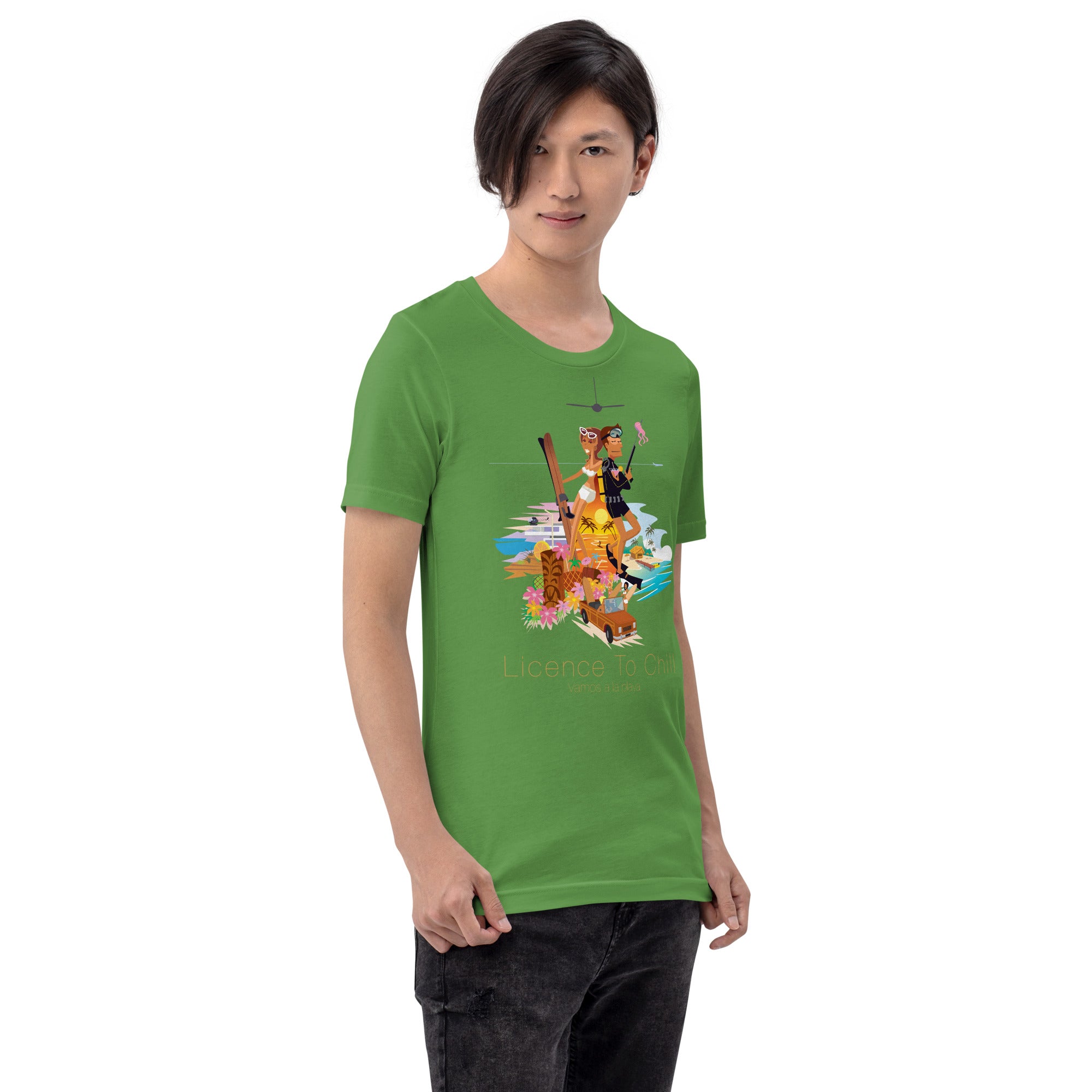 Unisex cotton t-shirt License to Chill Vamos a la Playa on Green