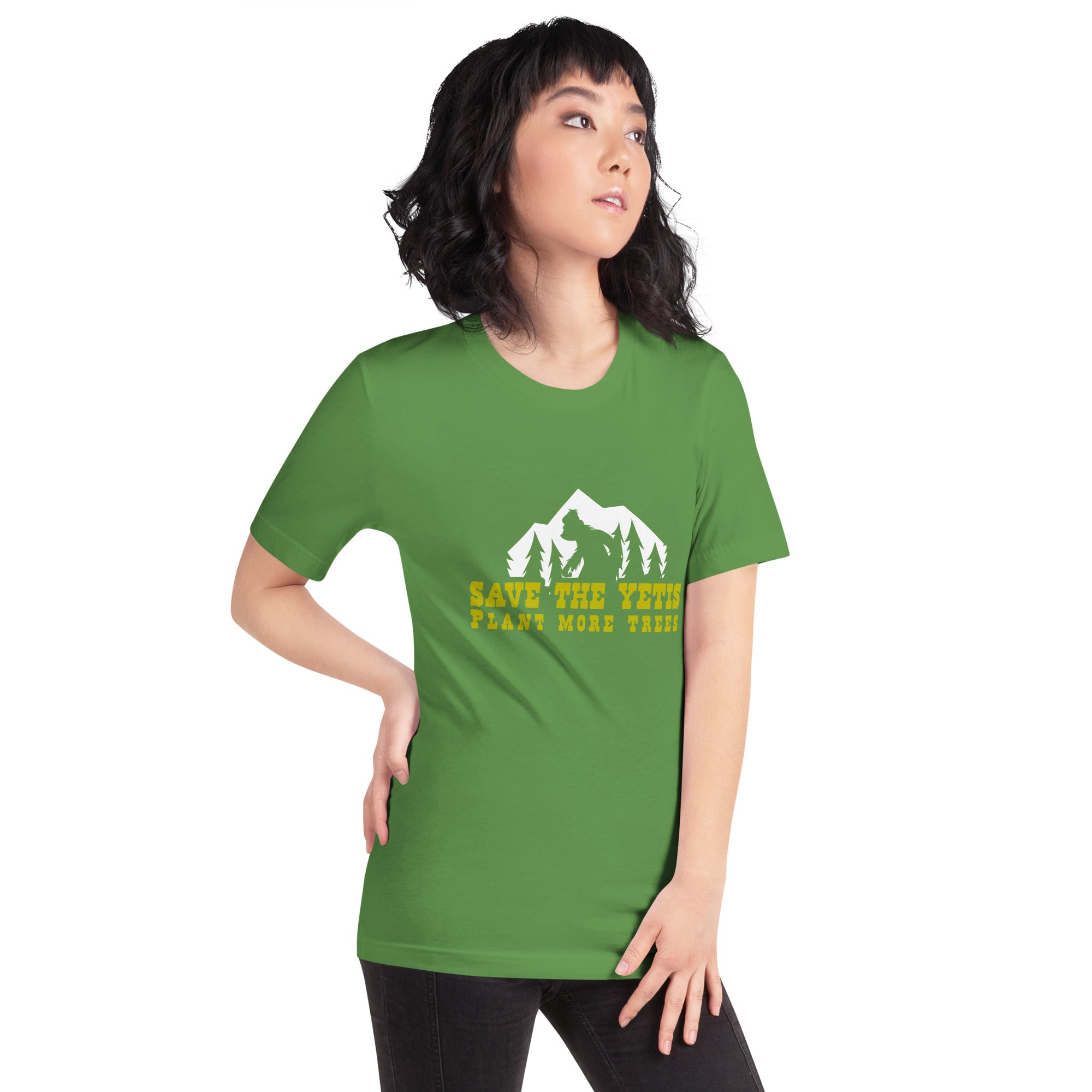 Unisex cotton t-shirt Save the Yetis Plant more Trees on Green (front & back)