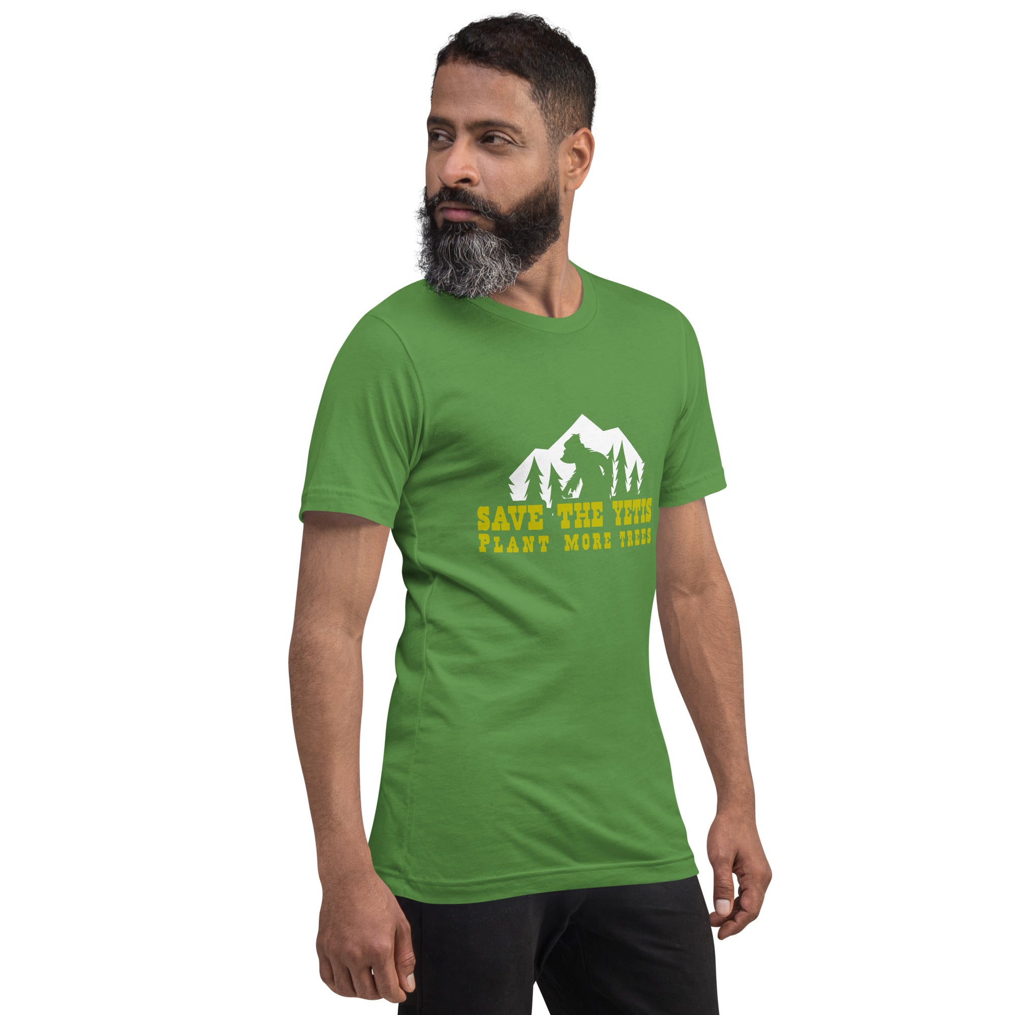 Unisex cotton t-shirt Save the Yetis Plant more Trees on Green (front & back)