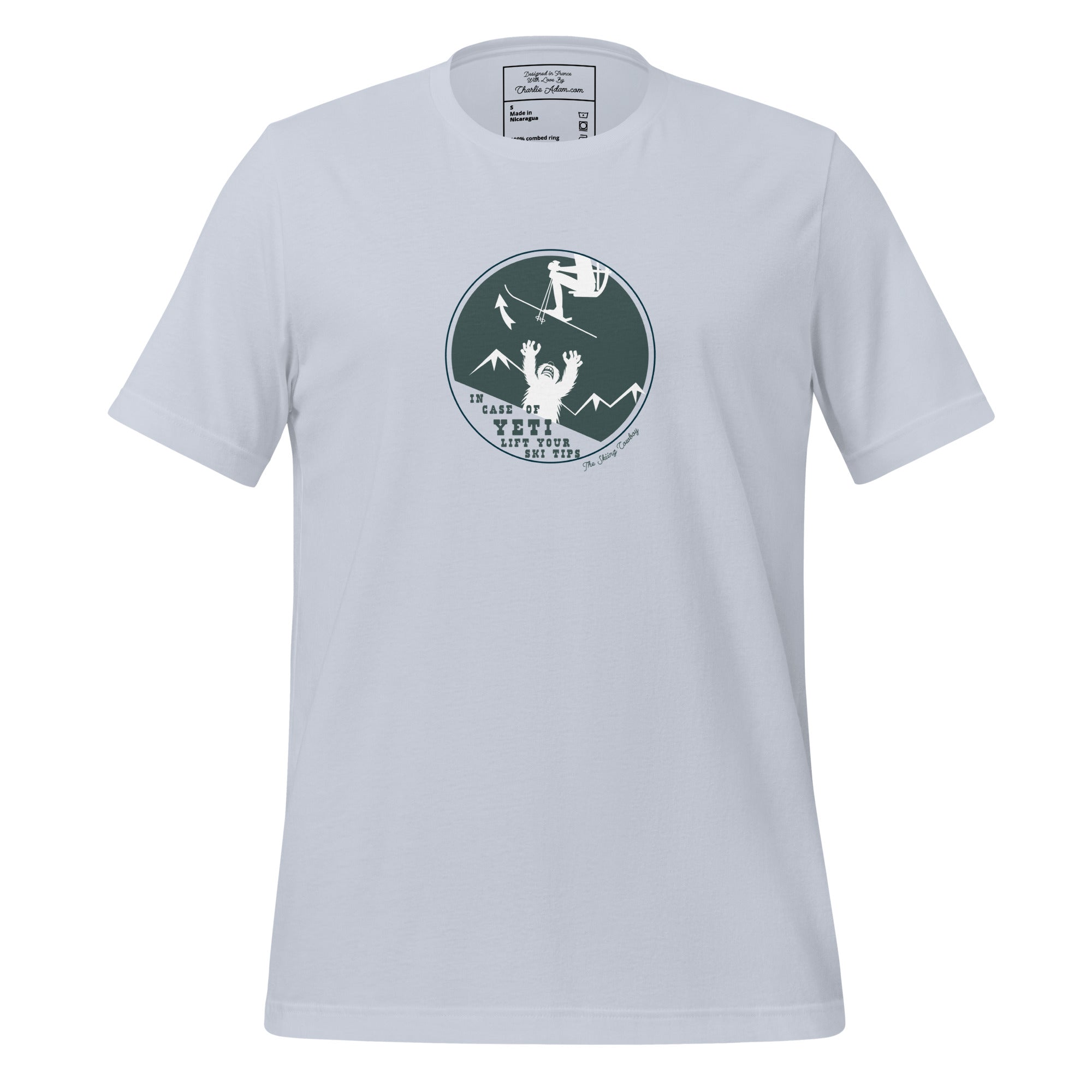 T-shirt en coton unisexe In case of Yeti, lift your ski tips sur couleurs claires
