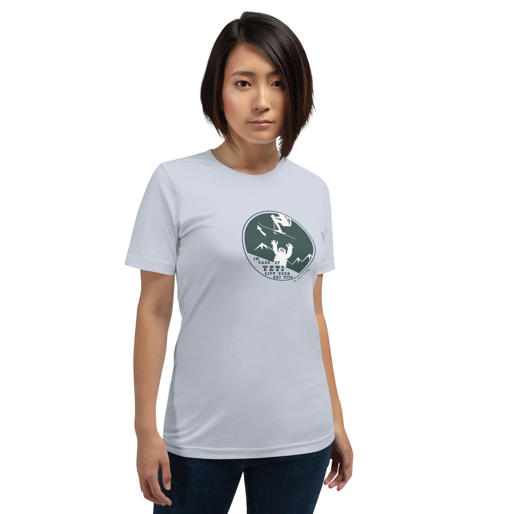 T-shirt en coton unisexe In case of Yeti, lift your ski tips sur couleurs claires