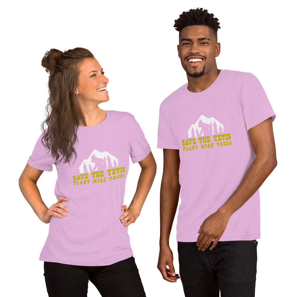 Unisex cotton t-shirt Save the Yetis Plant more Trees on bright colors (front & back)