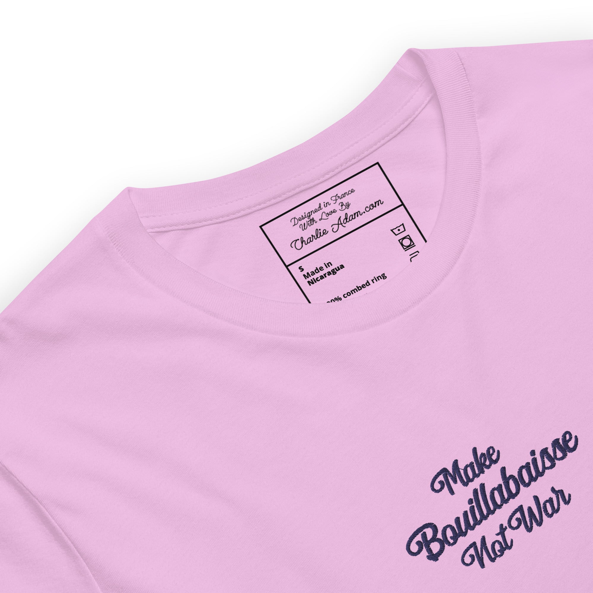 T-shirt en coton unisexe Make Bouillabaisse Not War Navy brodé sur couleurs claires