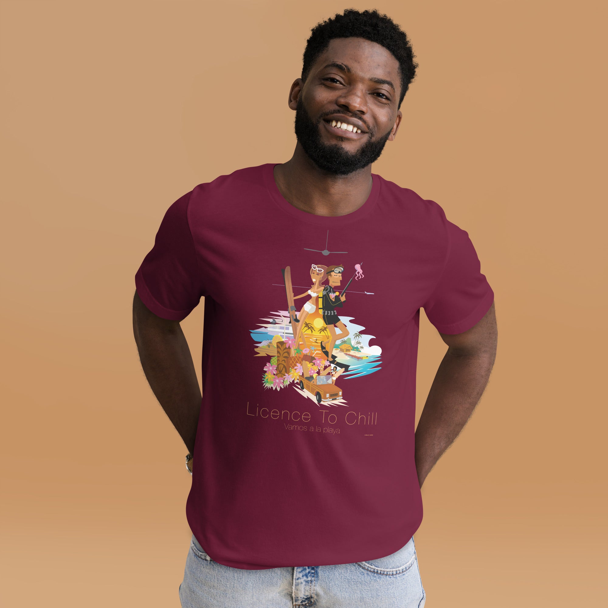 Unisex cotton t-shirt License to Chill Vamos a la Playa on dark colors