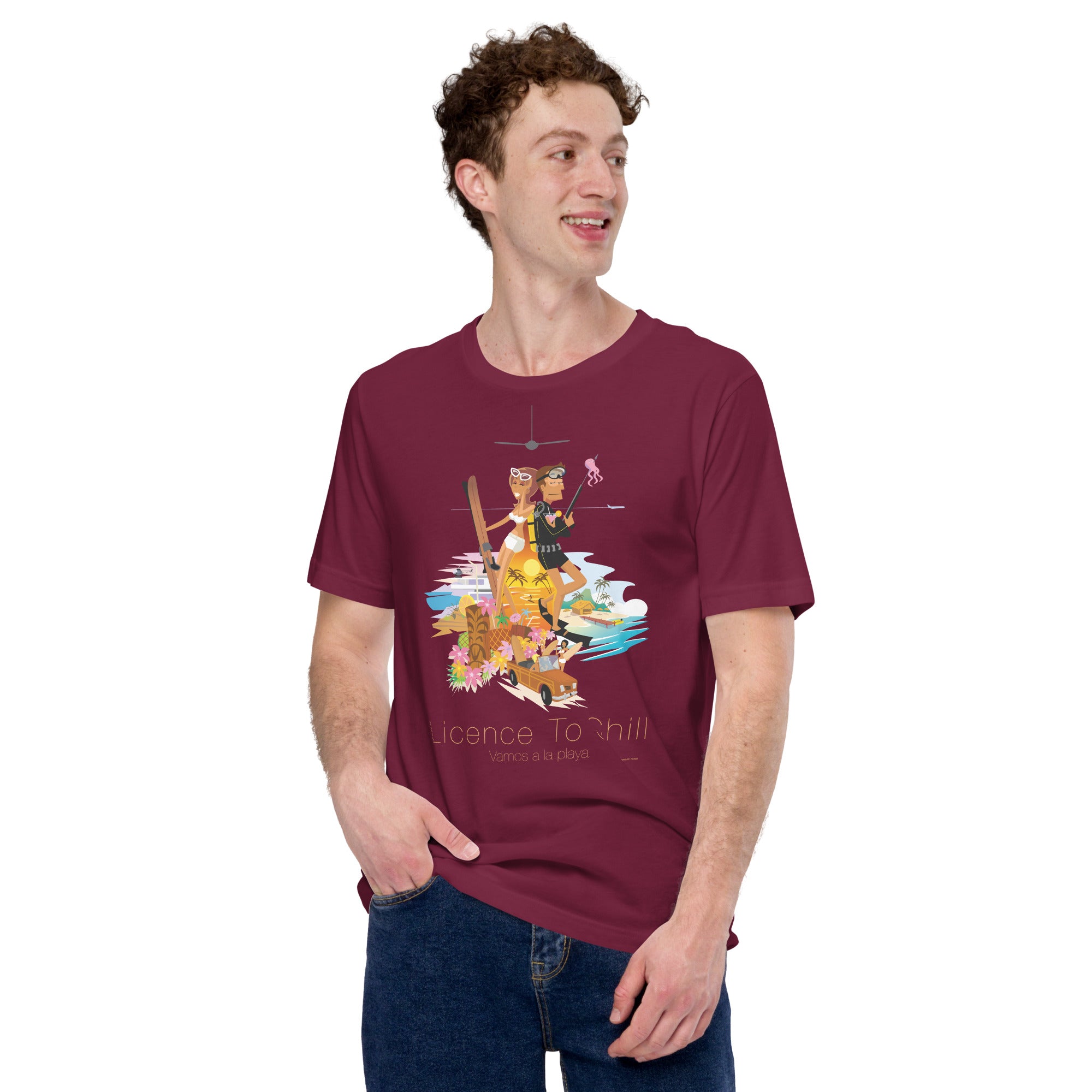 Unisex cotton t-shirt License to Chill Vamos a la Playa on dark colors