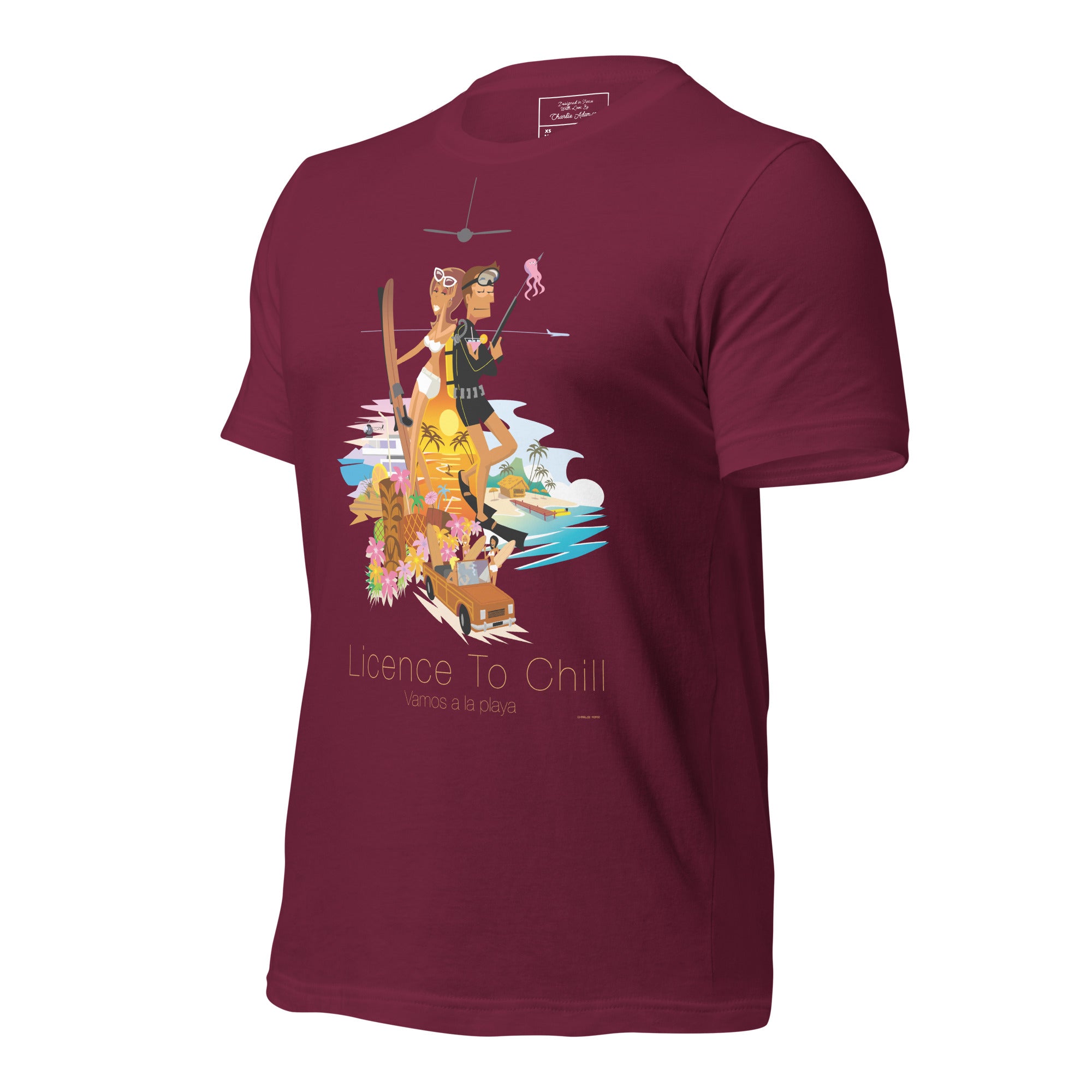Unisex cotton t-shirt License to Chill Vamos a la Playa on dark colors
