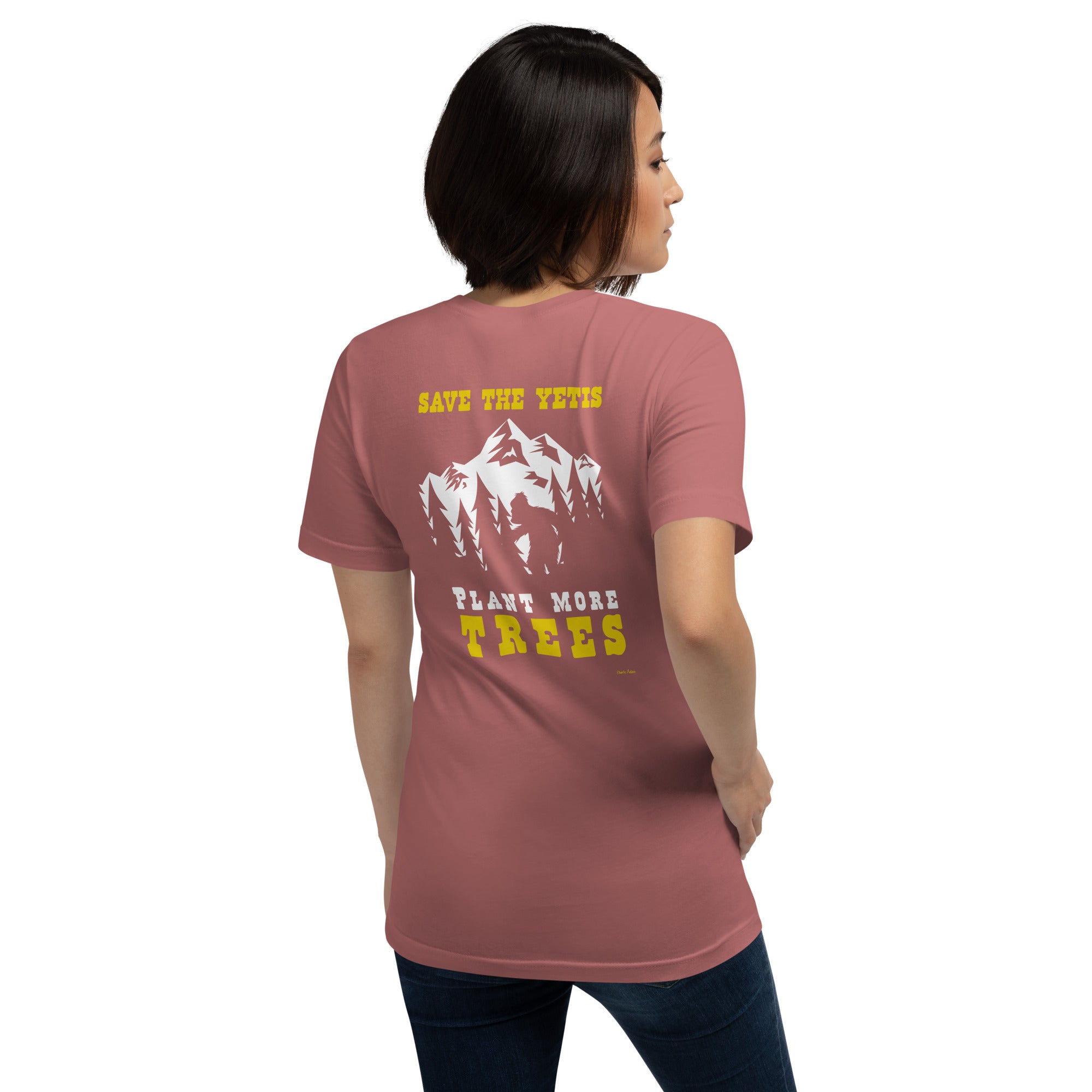 Unisex cotton t-shirt Save the Yetis Plant more Trees on bright colors (front & back)