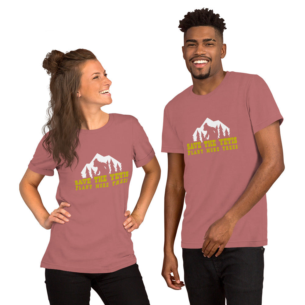 Unisex cotton t-shirt Save the Yetis Plant more Trees on bright colors (front & back)