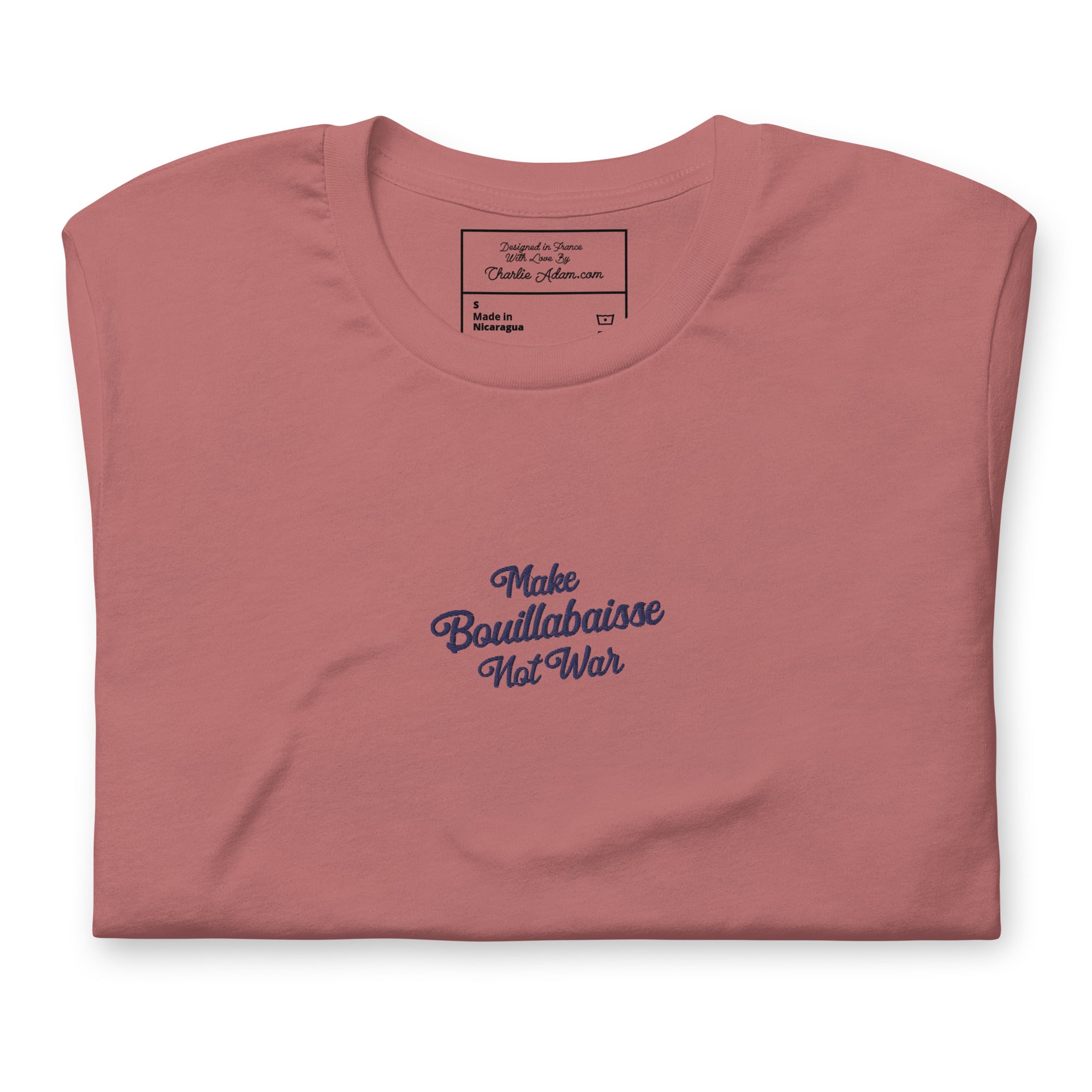Unisex t-shirt Make Bouillabaisse Not War Text Only navy on bright colors