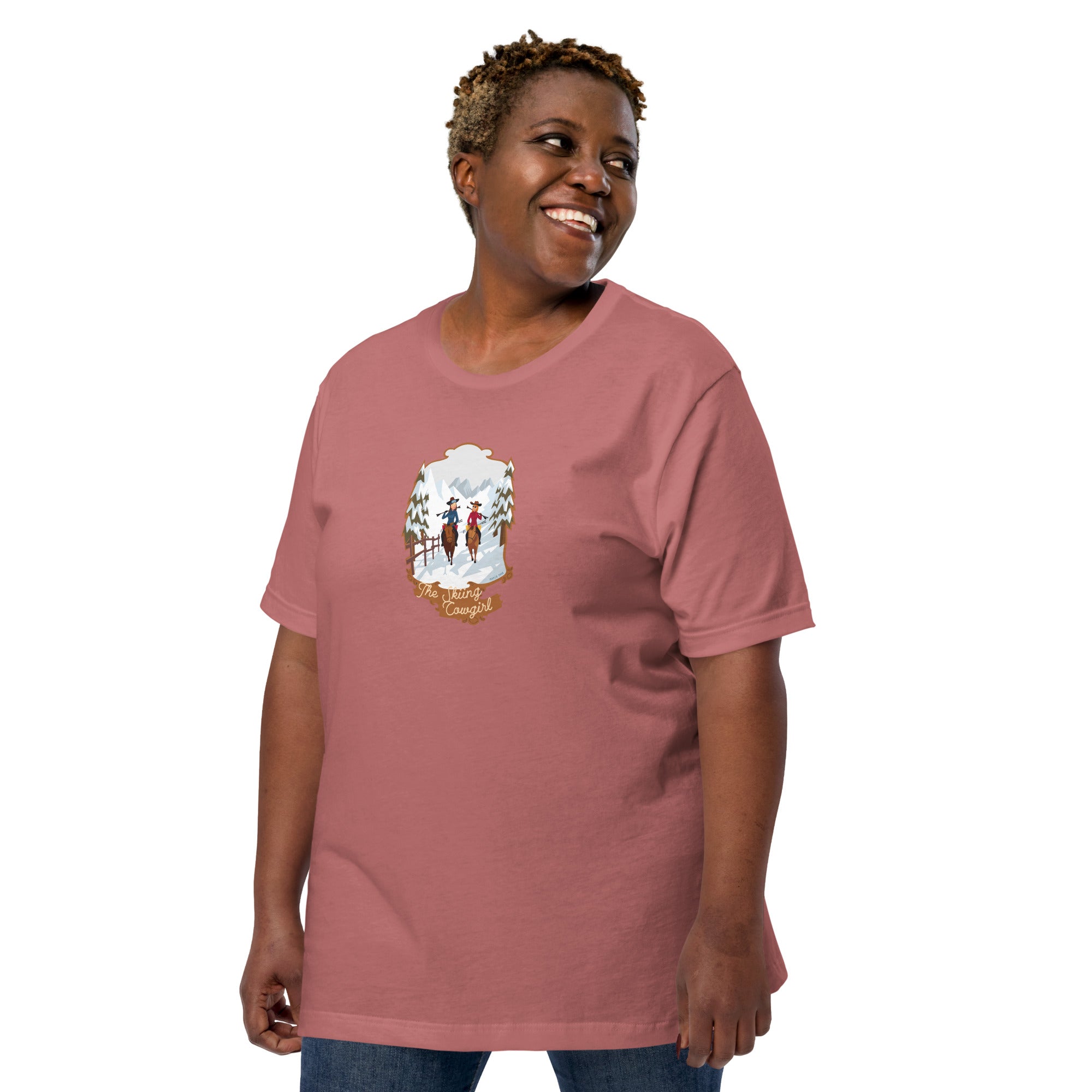 T-shirt en coton unisexe The Skiing Cowgirl sur couleurs vives
