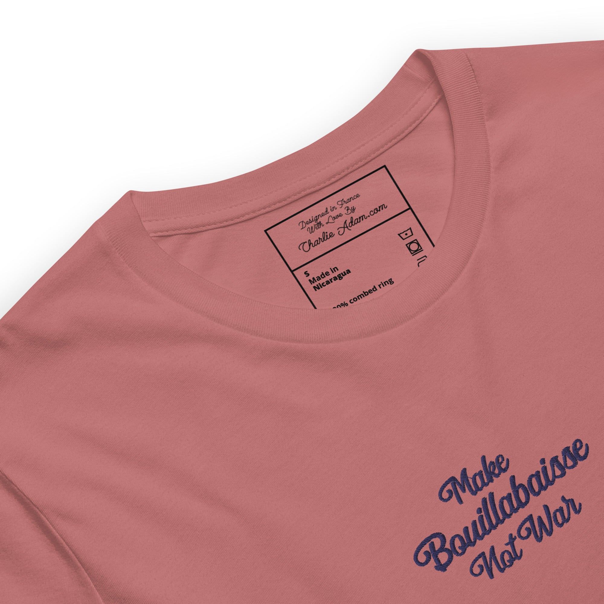 Unisex t-shirt Make Bouillabaisse Not War Text Only navy on bright colors