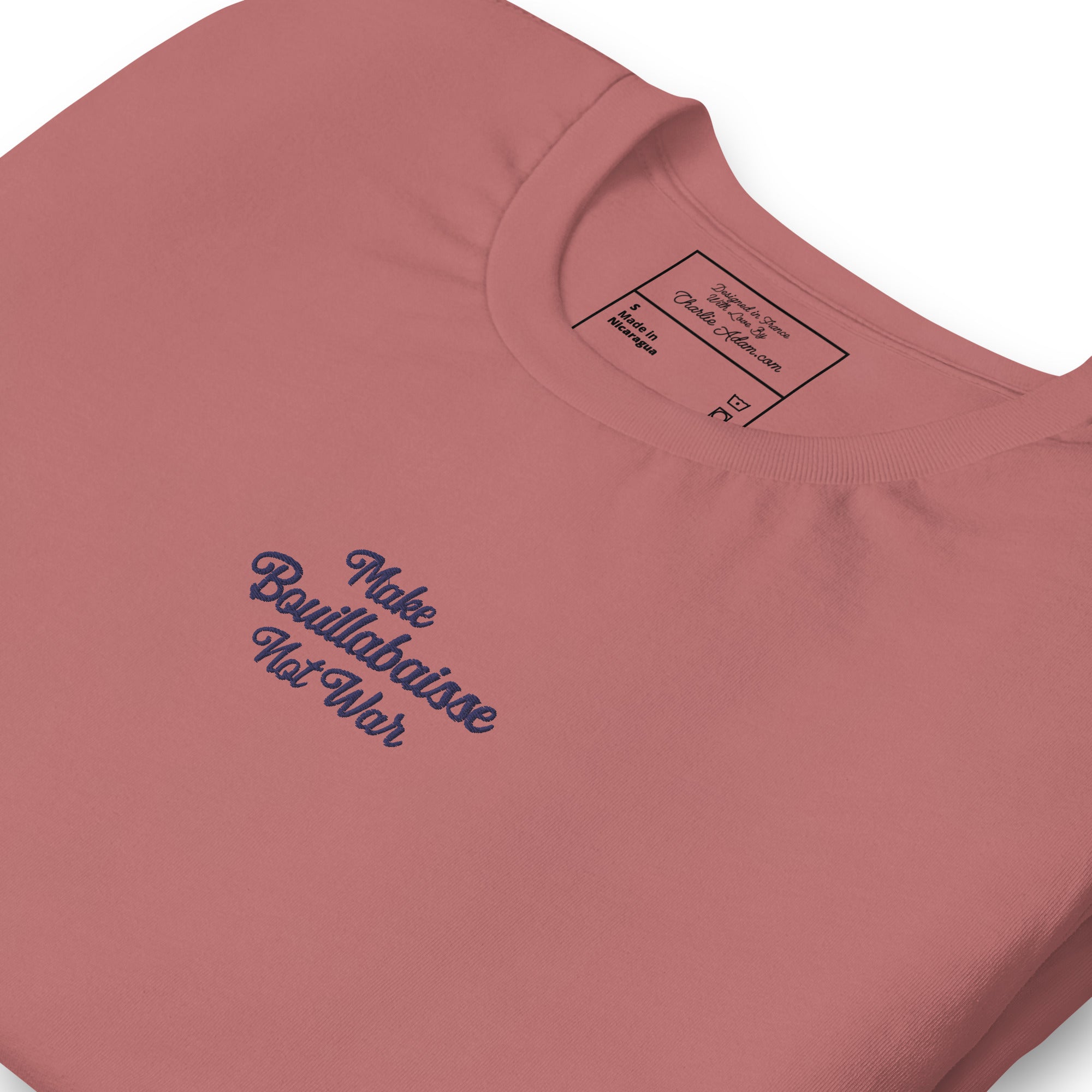 Unisex t-shirt Make Bouillabaisse Not War Text Only navy on bright colors