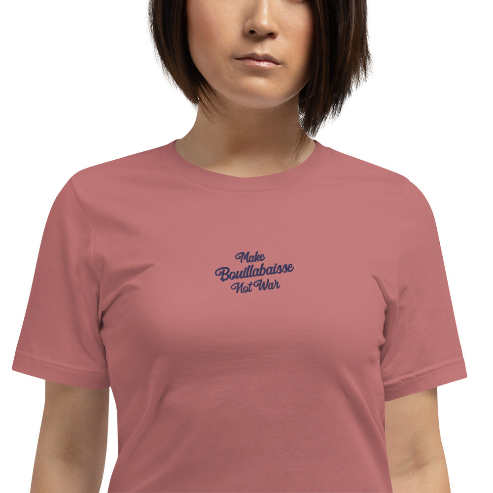 Unisex t-shirt Make Bouillabaisse Not War Text Only navy on bright colors