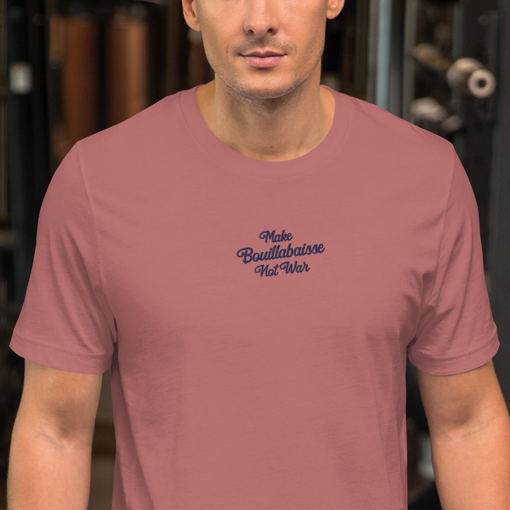 Unisex t-shirt Make Bouillabaisse Not War Text Only navy on bright colors