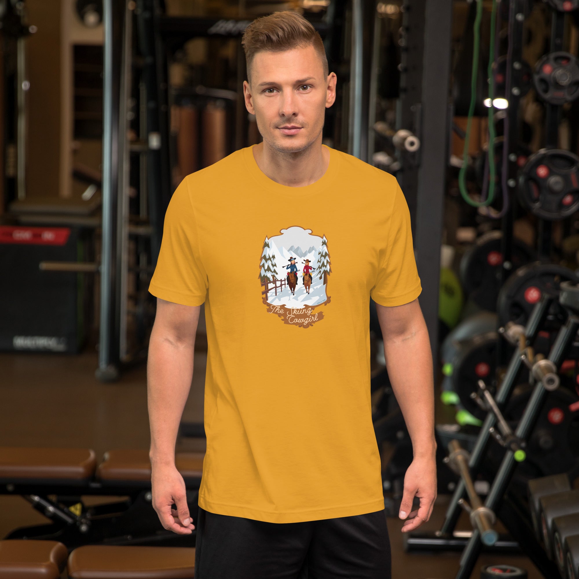 T-shirt en coton unisexe The Skiing Cowgirl sur couleurs vives