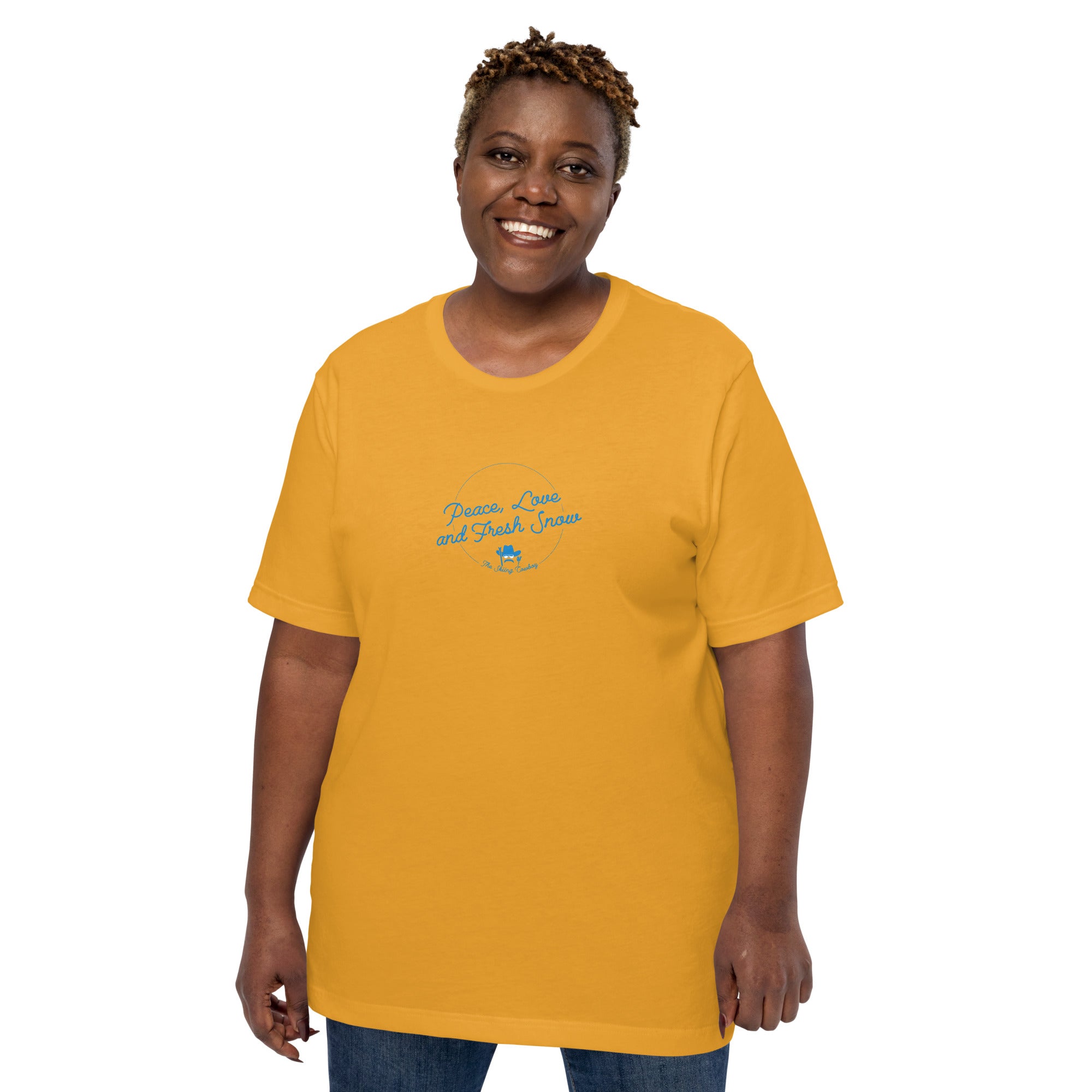 T-shirt en coton unisexe Peace, Love and Fresh Snow sur couleurs vives