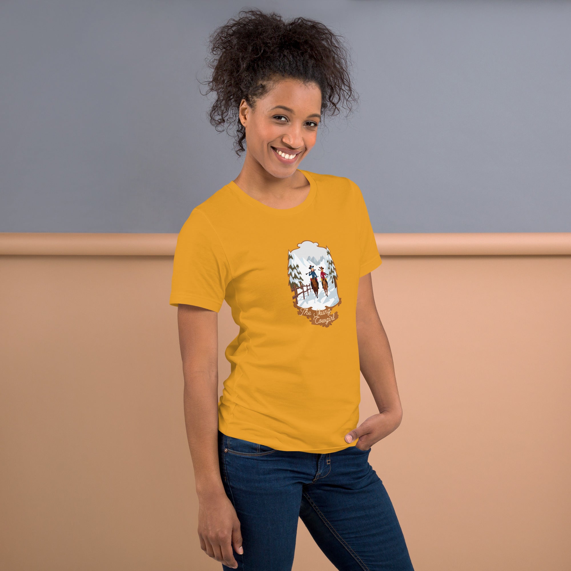 T-shirt en coton unisexe The Skiing Cowgirl sur couleurs vives