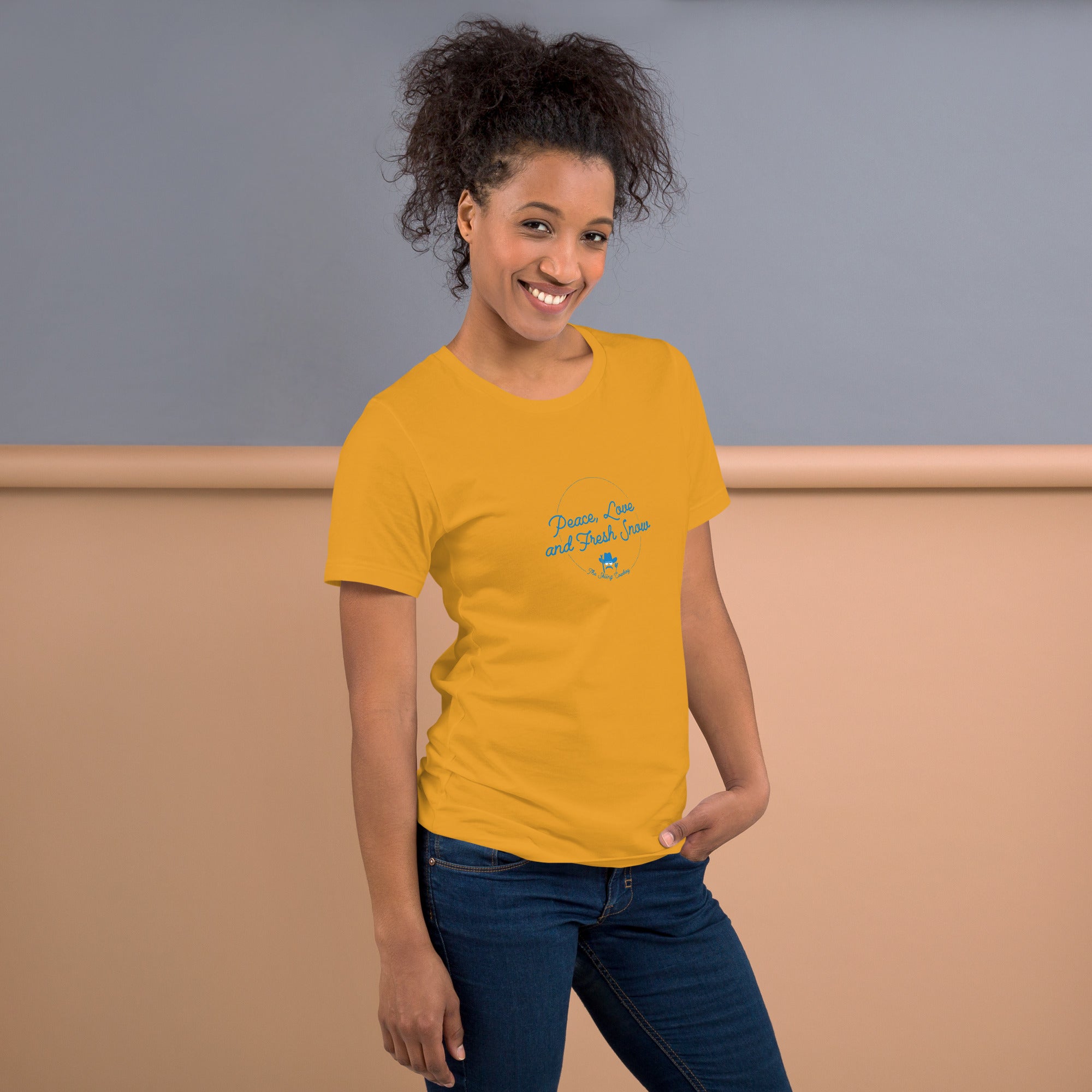 T-shirt en coton unisexe Peace, Love and Fresh Snow sur couleurs vives