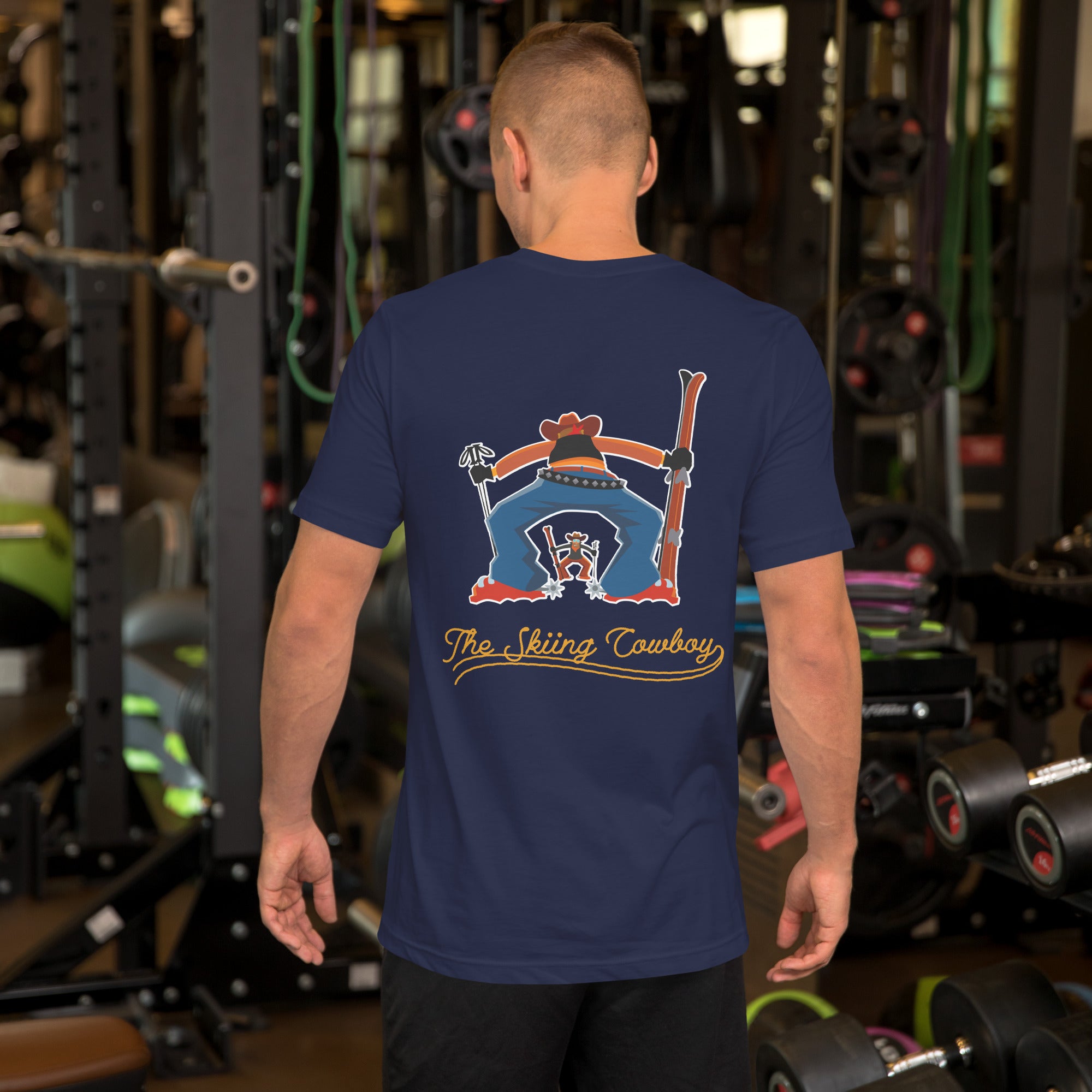 T-shirt en coton unisexe Skiing Cowboy (face) & Ski Fight at OK Corral Outline (dos) sur couleurs foncées