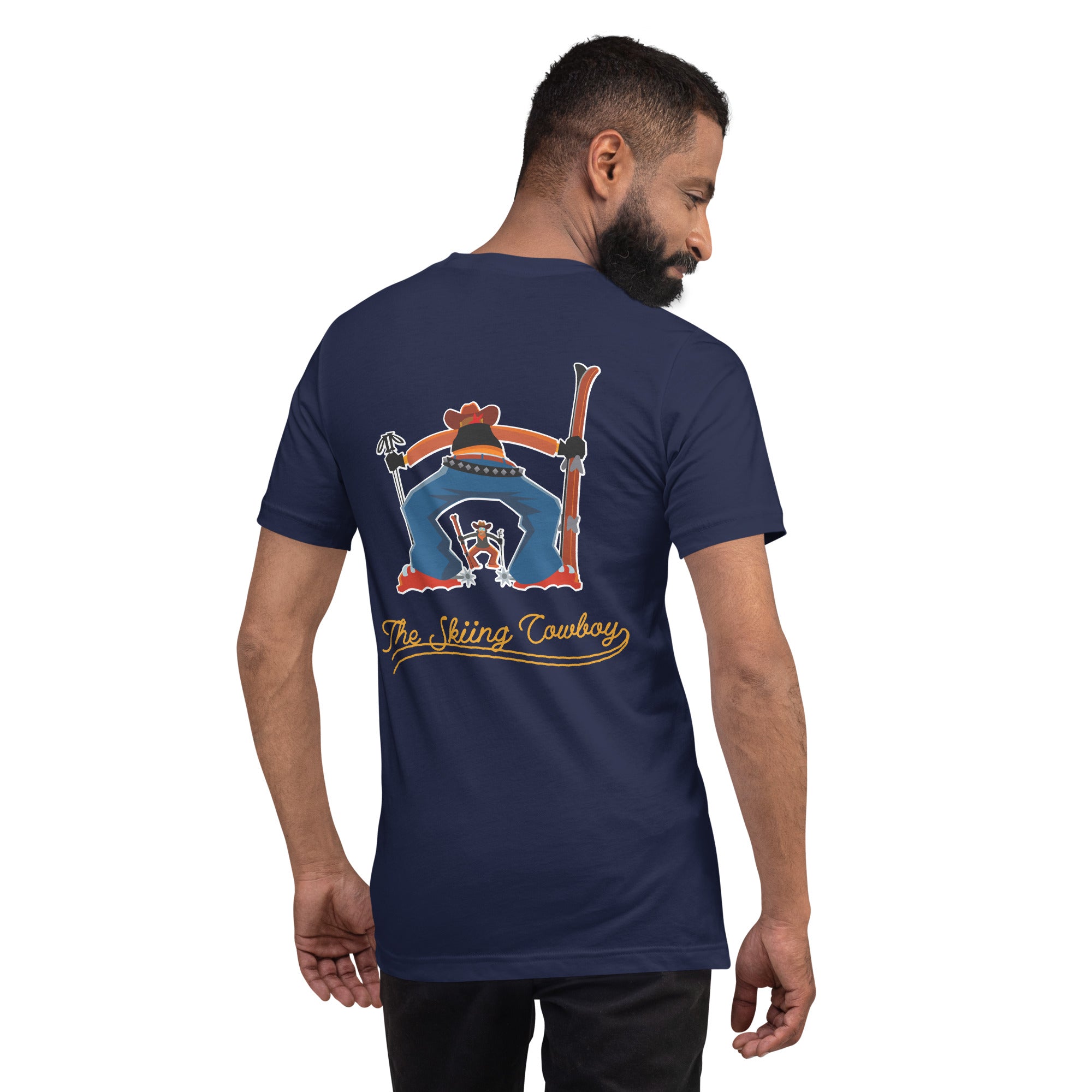 T-shirt en coton unisexe Skiing Cowboy (face) & Ski Fight at OK Corral Outline (dos) sur couleurs foncées