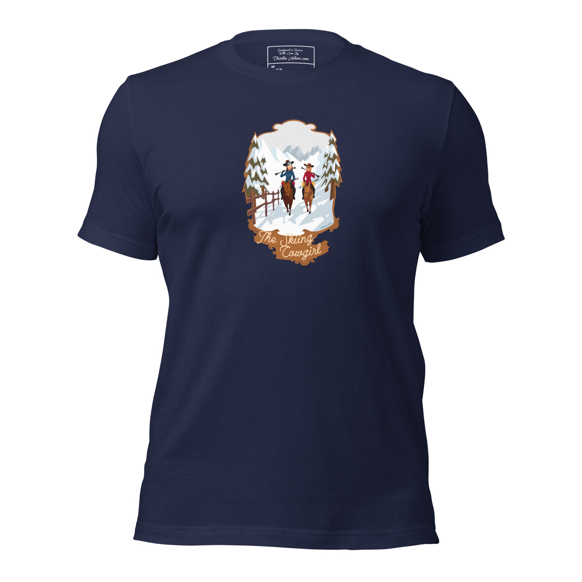 T-shirt en coton unisexe The Skiing Cowgirl sur couleurs foncées
