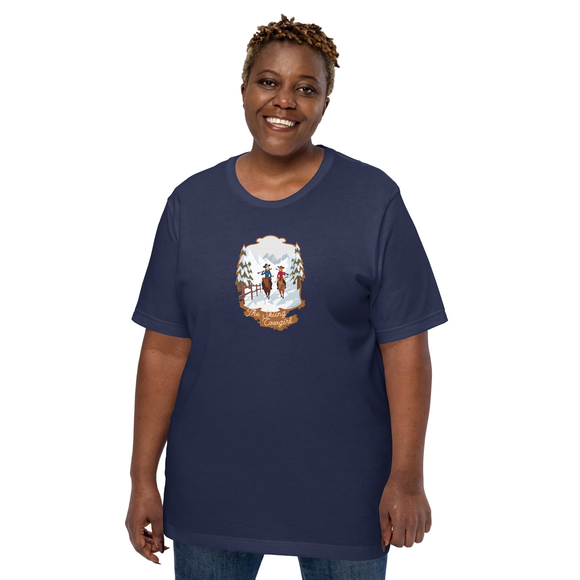T-shirt en coton unisexe The Skiing Cowgirl sur couleurs foncées