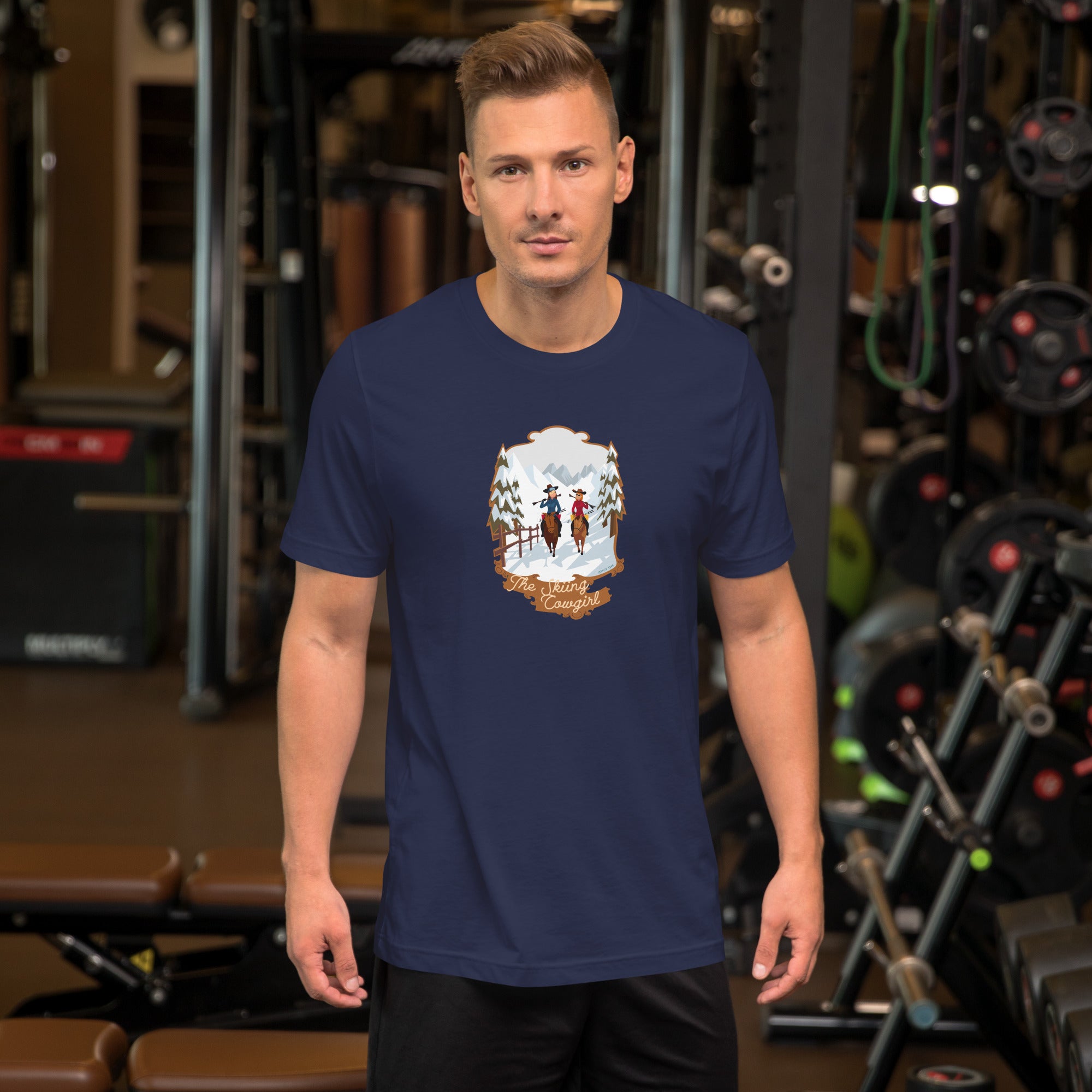 T-shirt en coton unisexe The Skiing Cowgirl sur couleurs foncées