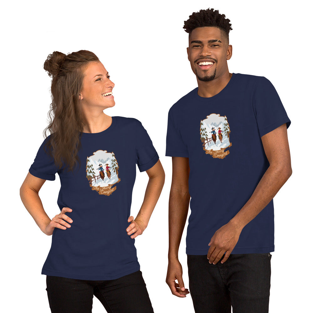 T-shirt en coton unisexe The Skiing Cowgirl sur couleurs foncées