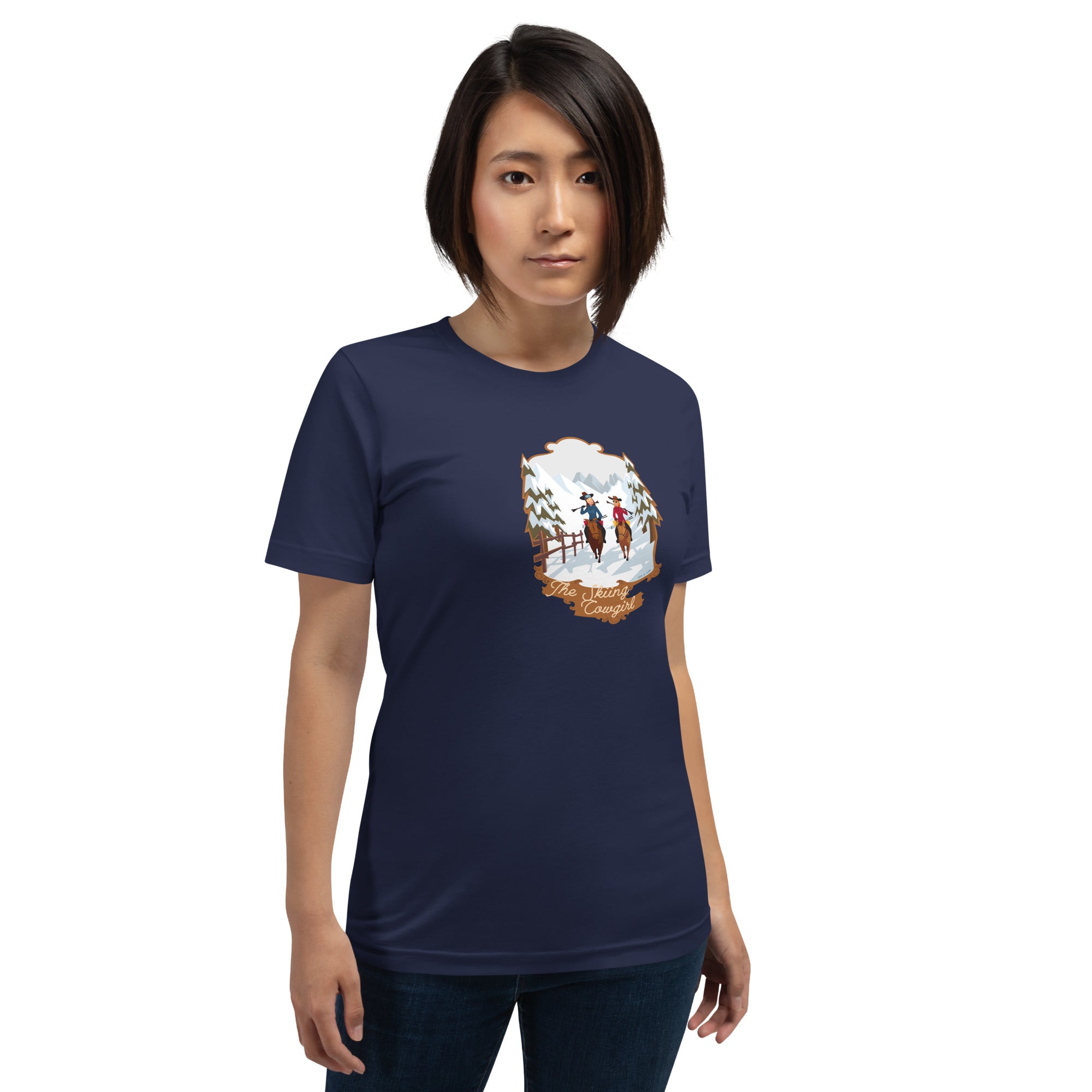 T-shirt en coton unisexe The Skiing Cowgirl sur couleurs foncées