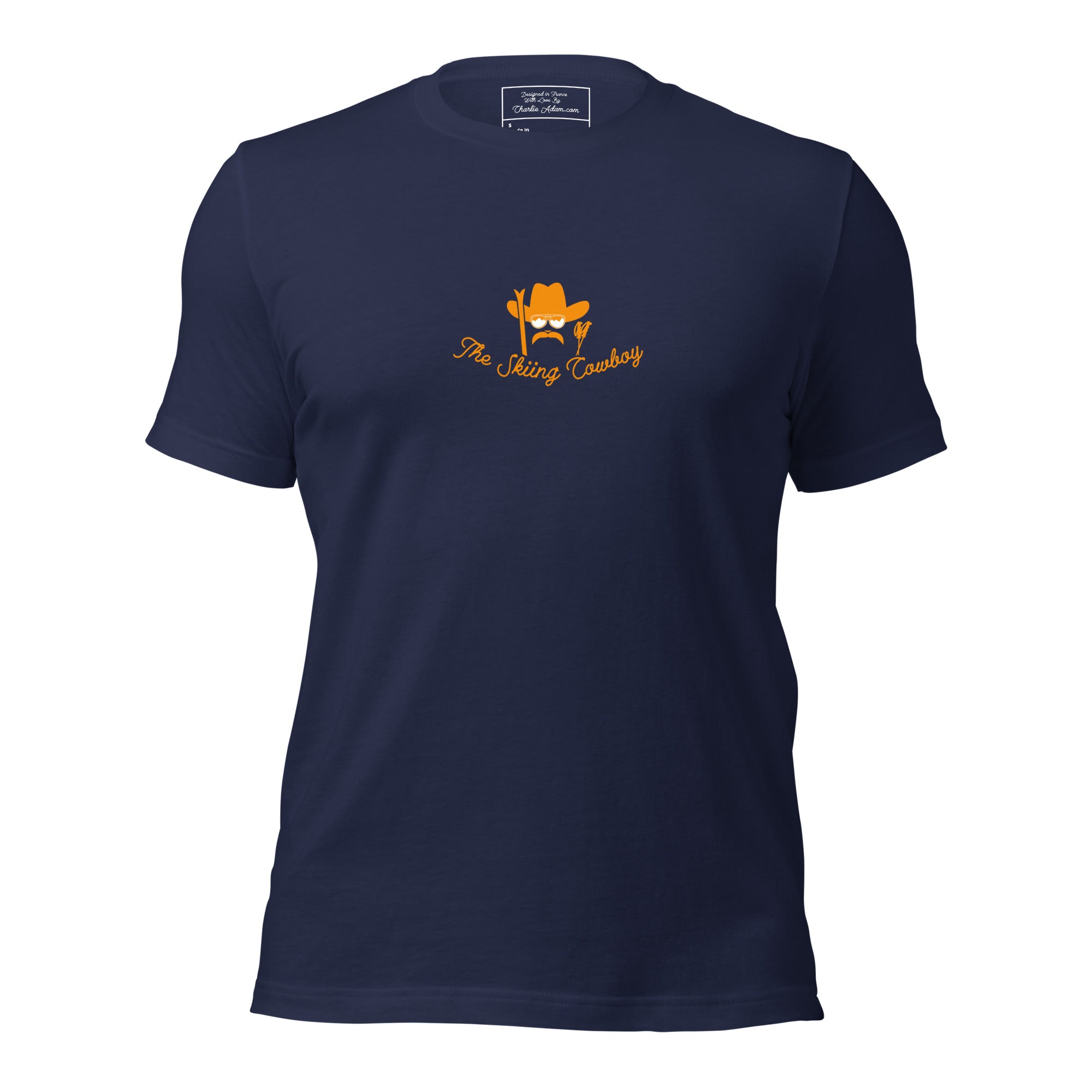 T-shirt en coton unisexe Skiing Cowboy (face) & Ski Fight at OK Corral Outline (dos) sur couleurs foncées
