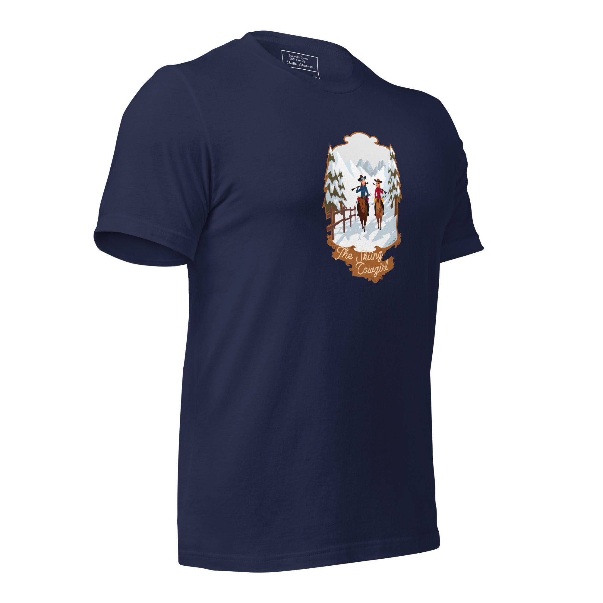 T-shirt en coton unisexe The Skiing Cowgirl sur couleurs foncées