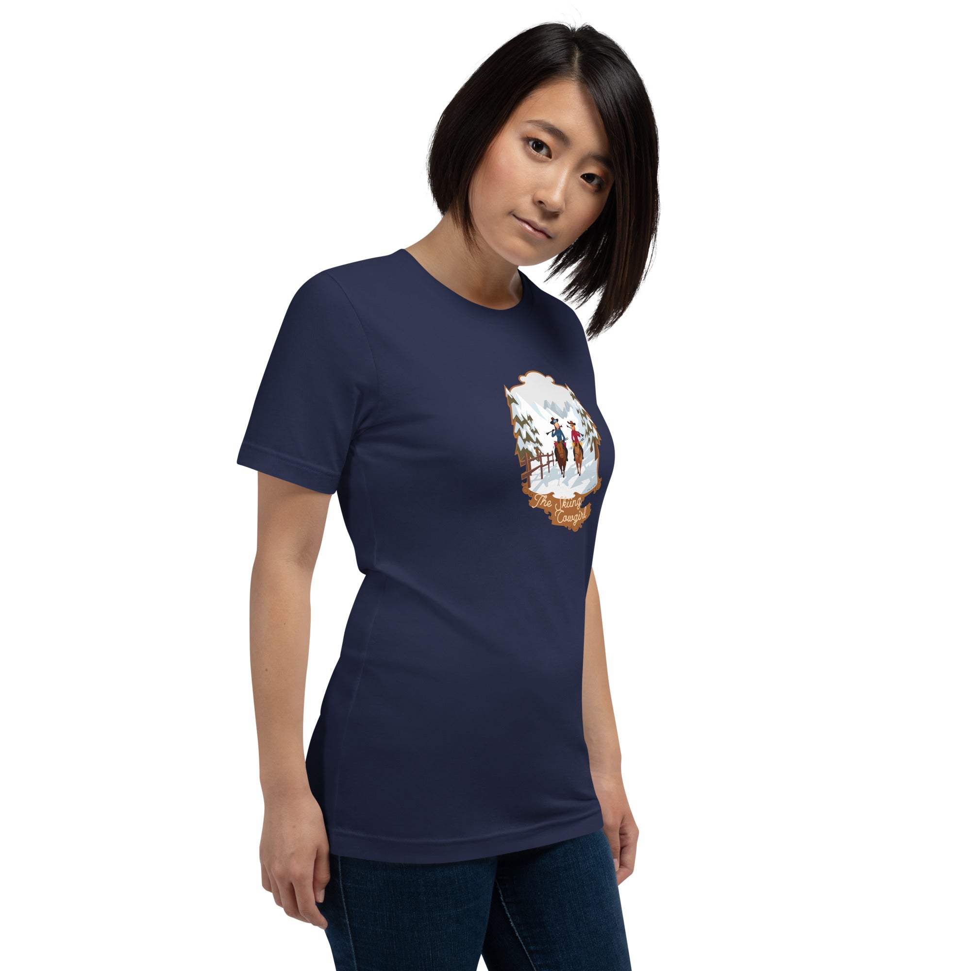 T-shirt en coton unisexe The Skiing Cowgirl sur couleurs foncées
