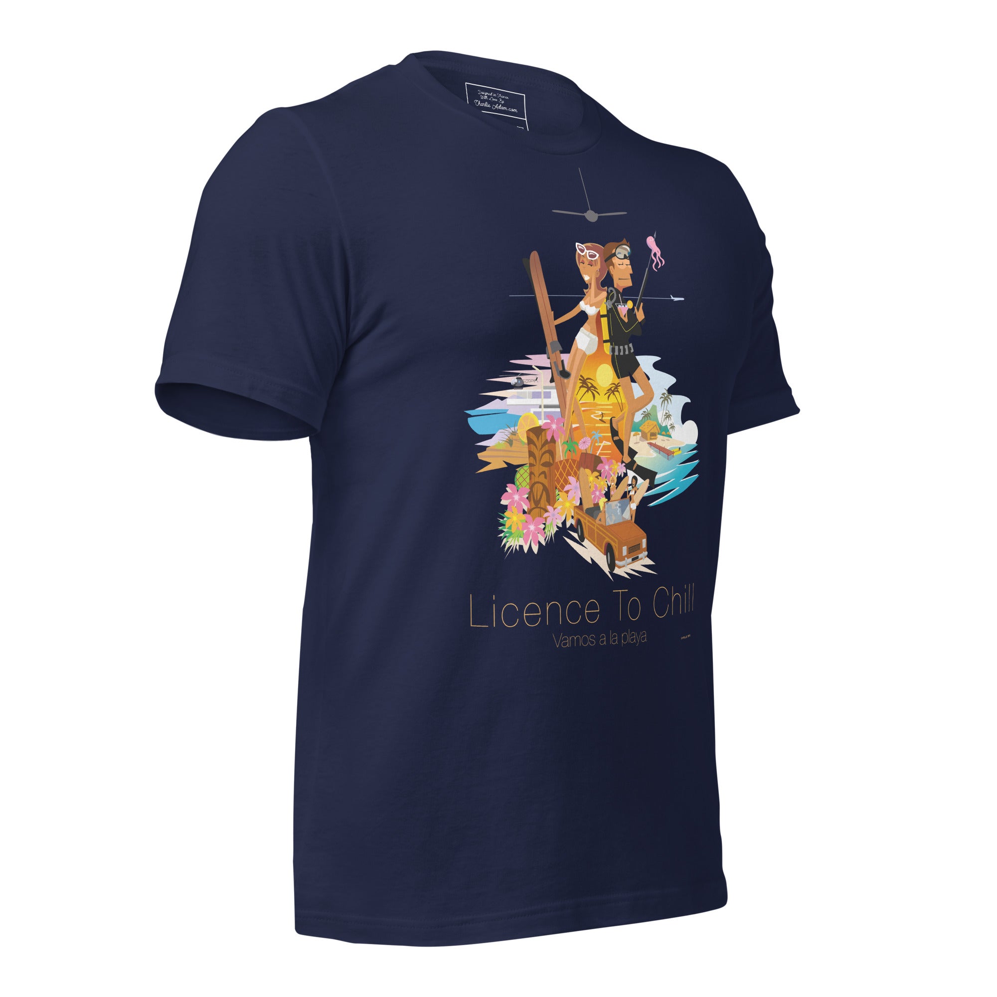 Unisex cotton t-shirt License to Chill Vamos a la Playa on dark colors