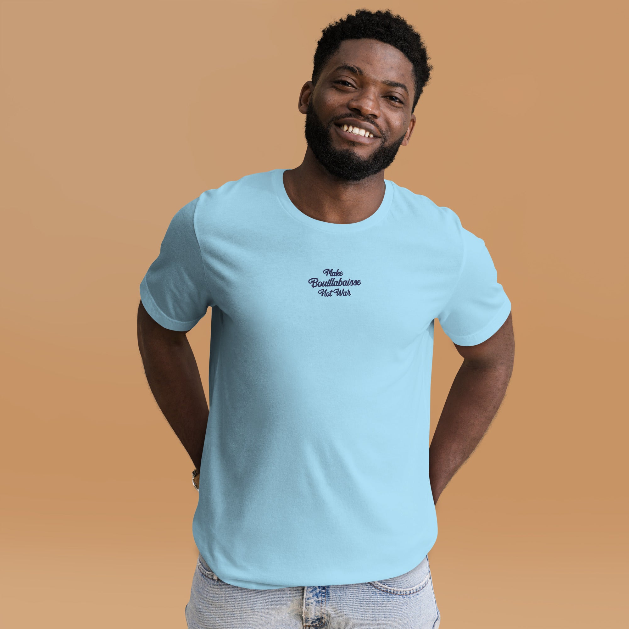 Unisex t-shirt Make Bouillabaisse Not War Text Only navy on bright colors