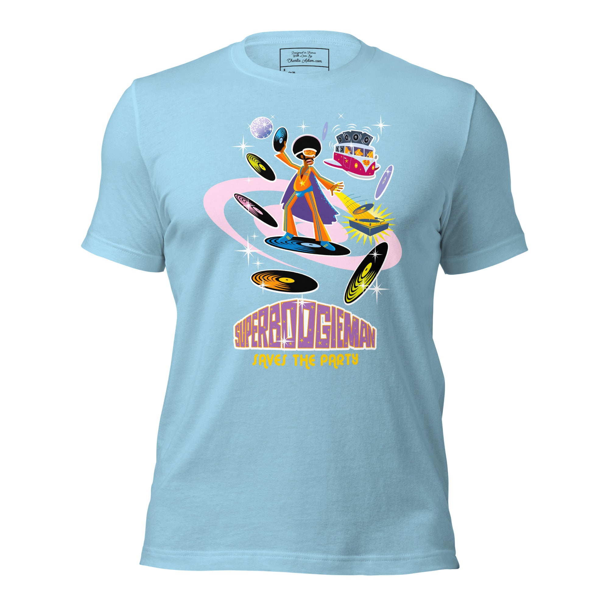 Unisex cotton t-shirt Superboogieman saves the Party on bright colors