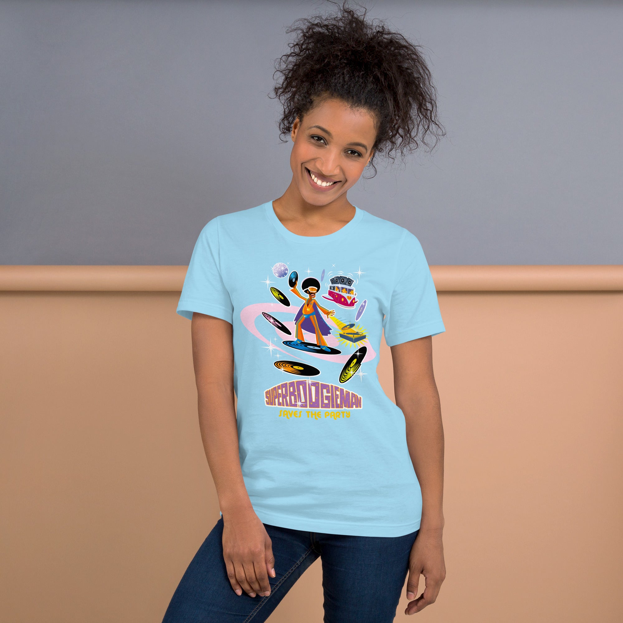 Unisex cotton t-shirt Superboogieman saves the Party on bright colors