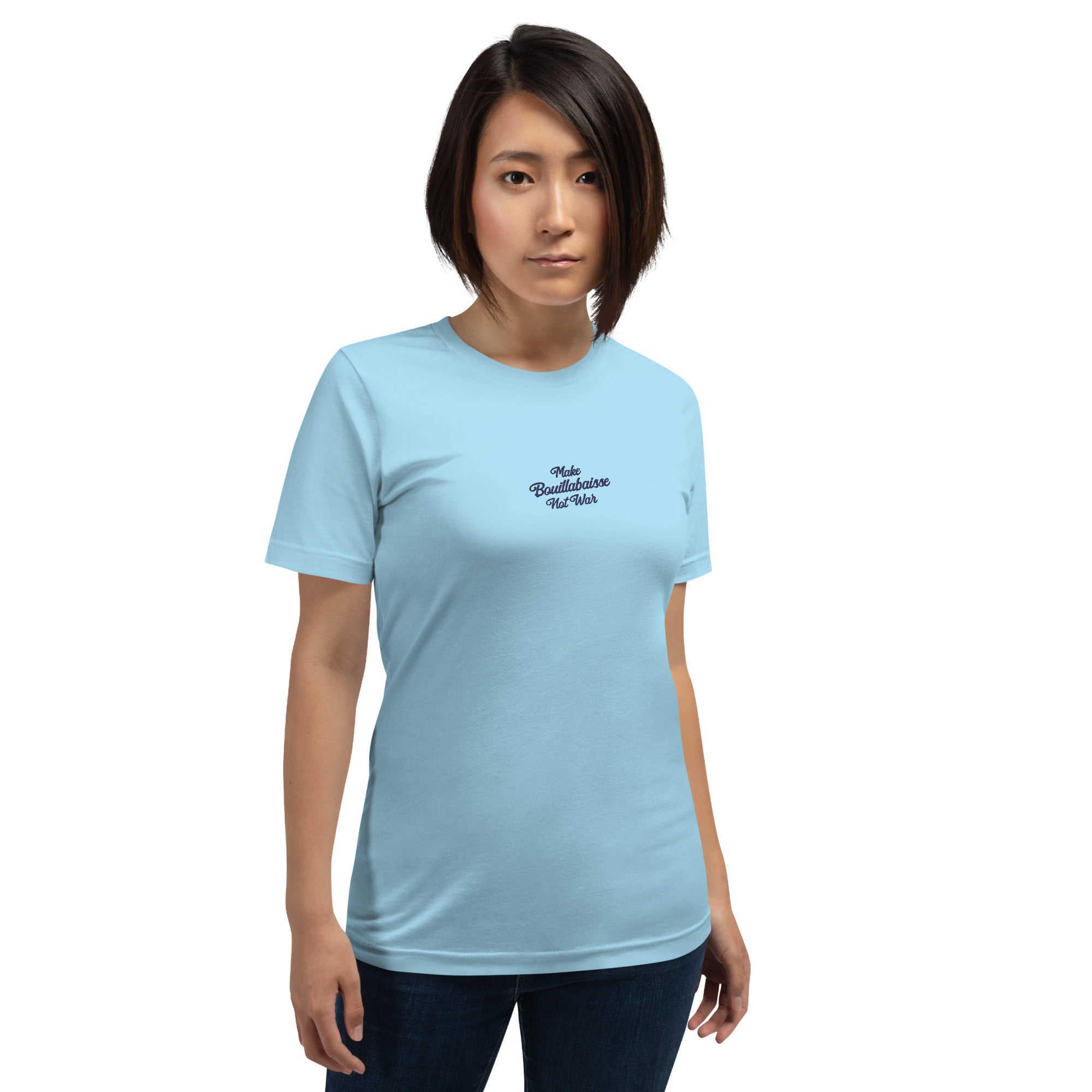 Unisex t-shirt Make Bouillabaisse Not War Text Only navy on bright colors