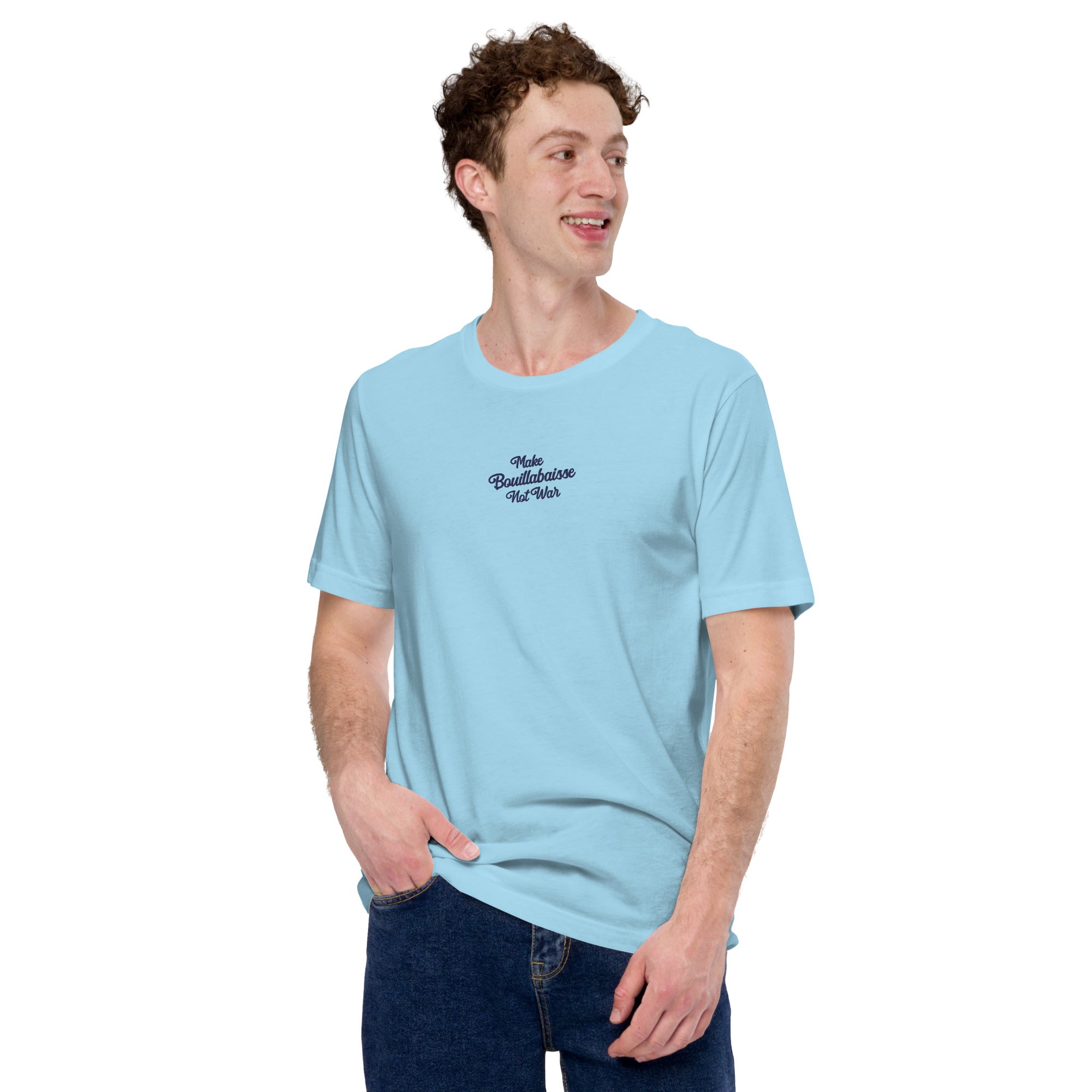 Unisex t-shirt Make Bouillabaisse Not War Text Only navy on bright colors